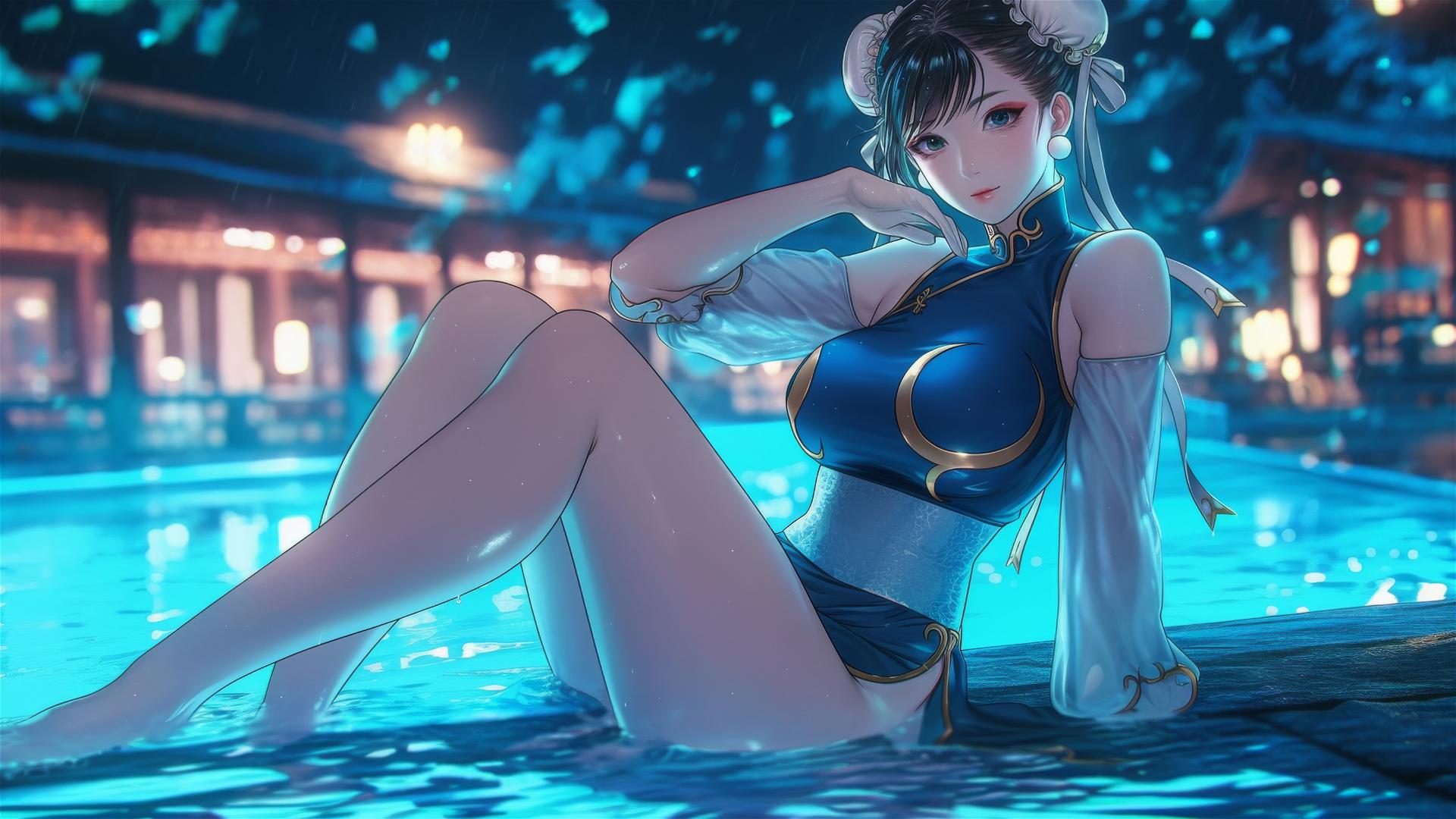 Chun Li from Street Fighter resting by a rainy swimming pool under moonlight.