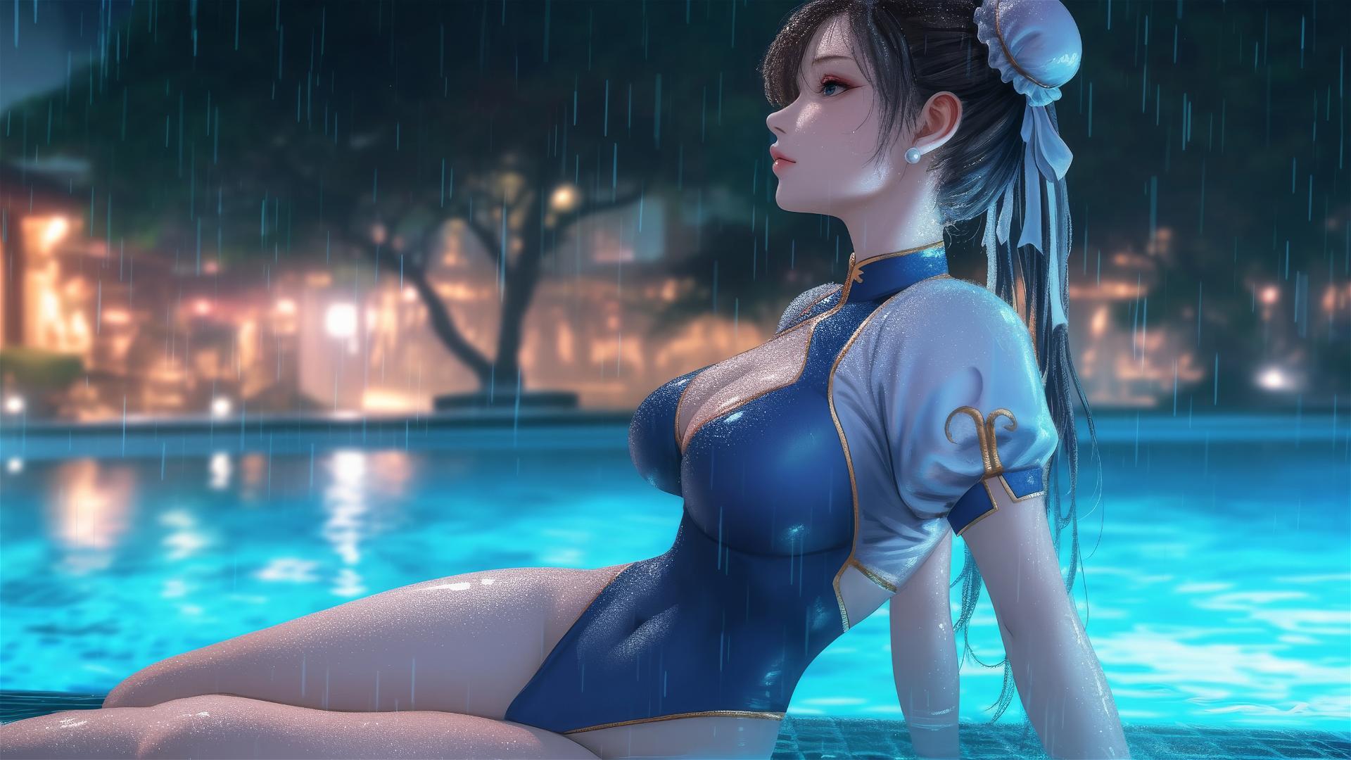 Chun Li resting by a rainy swimming pool under moonlight
