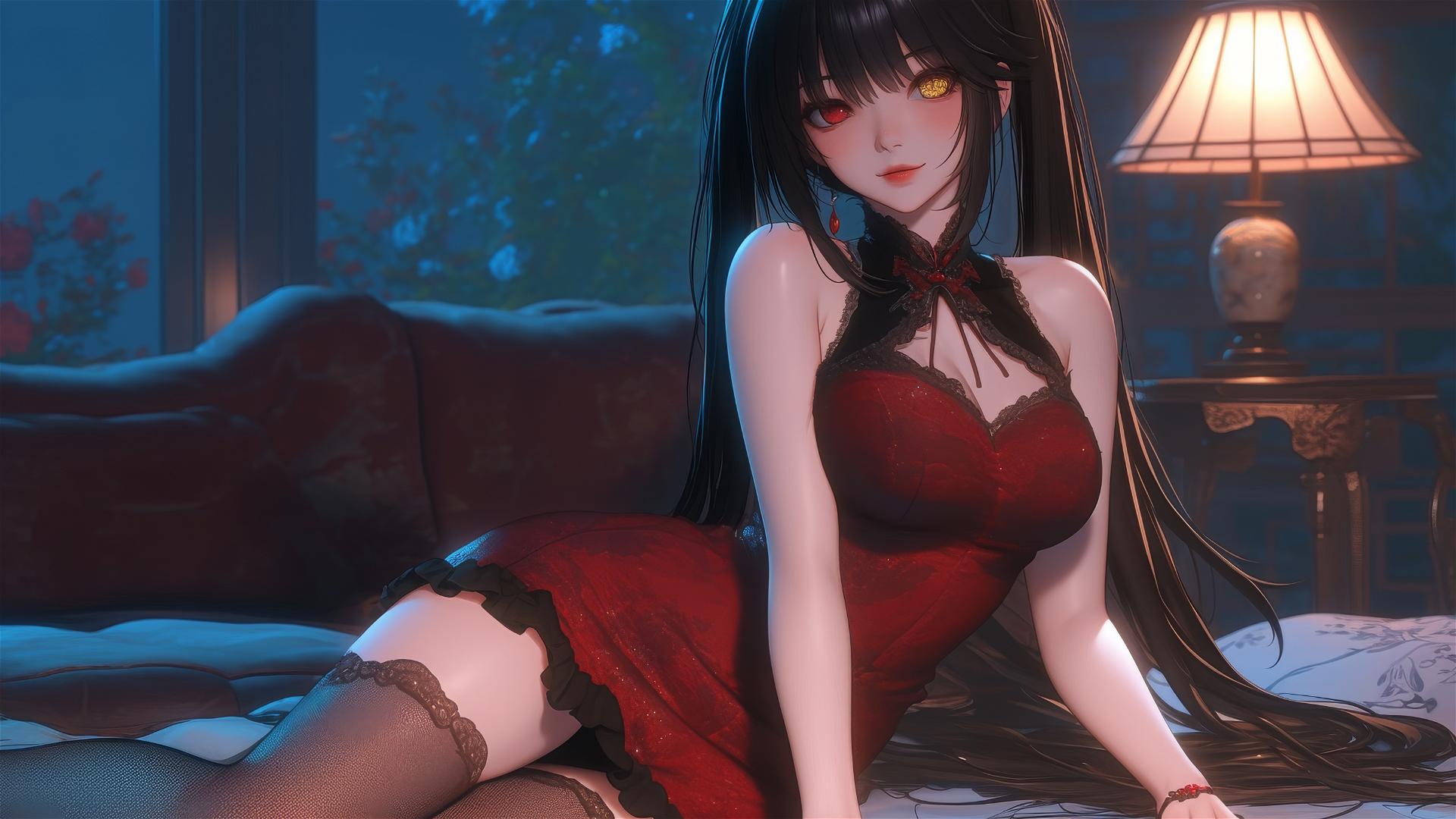 Kurumi Tokisaki relaxing in a modern hotel room under moonlight, red and yellow eyes.