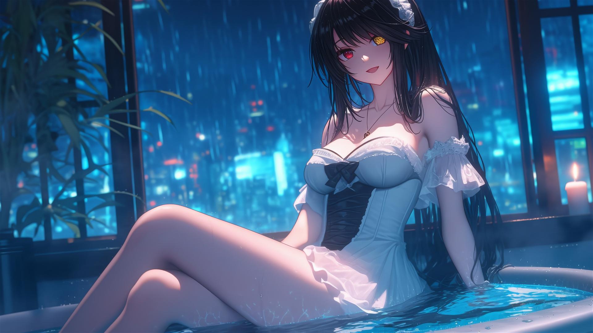 Kurumi Tokisaki from Date A Live in a tub, moonlight glow, pure white dress, rainy weather.