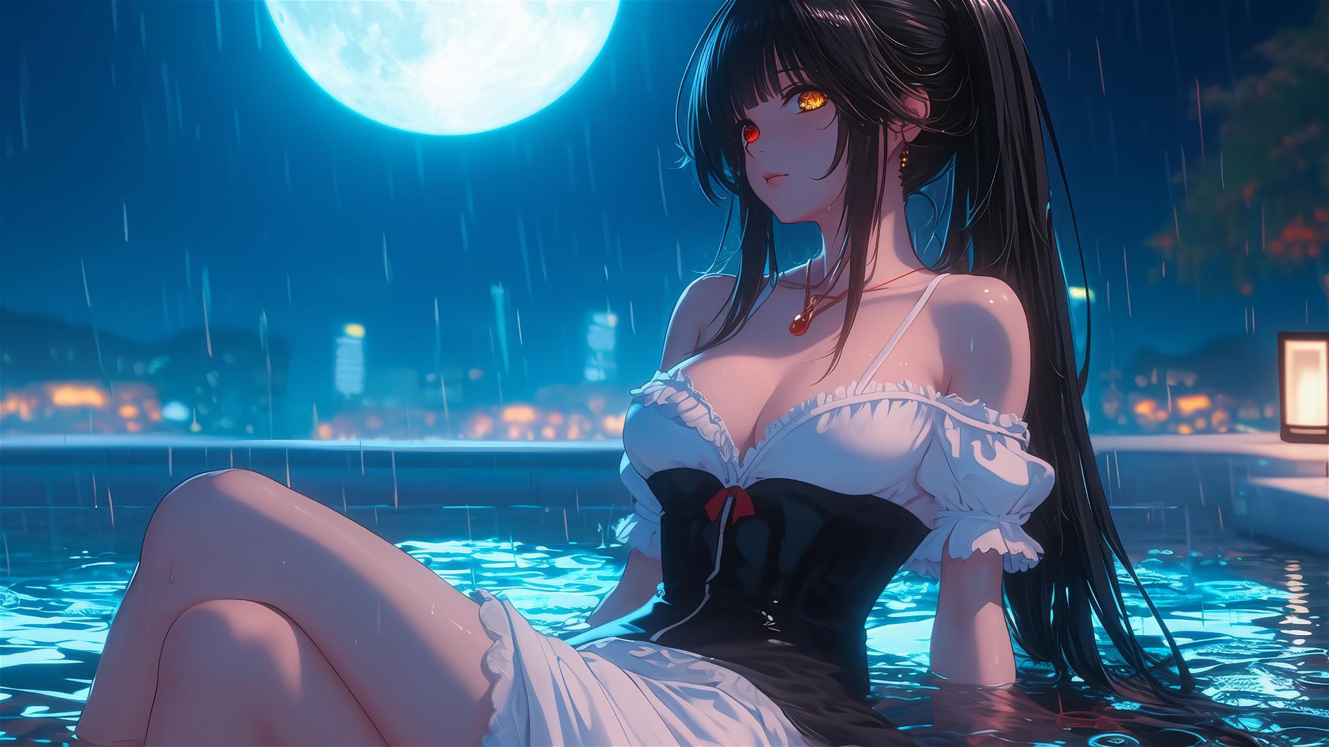 Kurumi Tokisaki from Date A Live resting in a tub, moonlight glow, rainy.