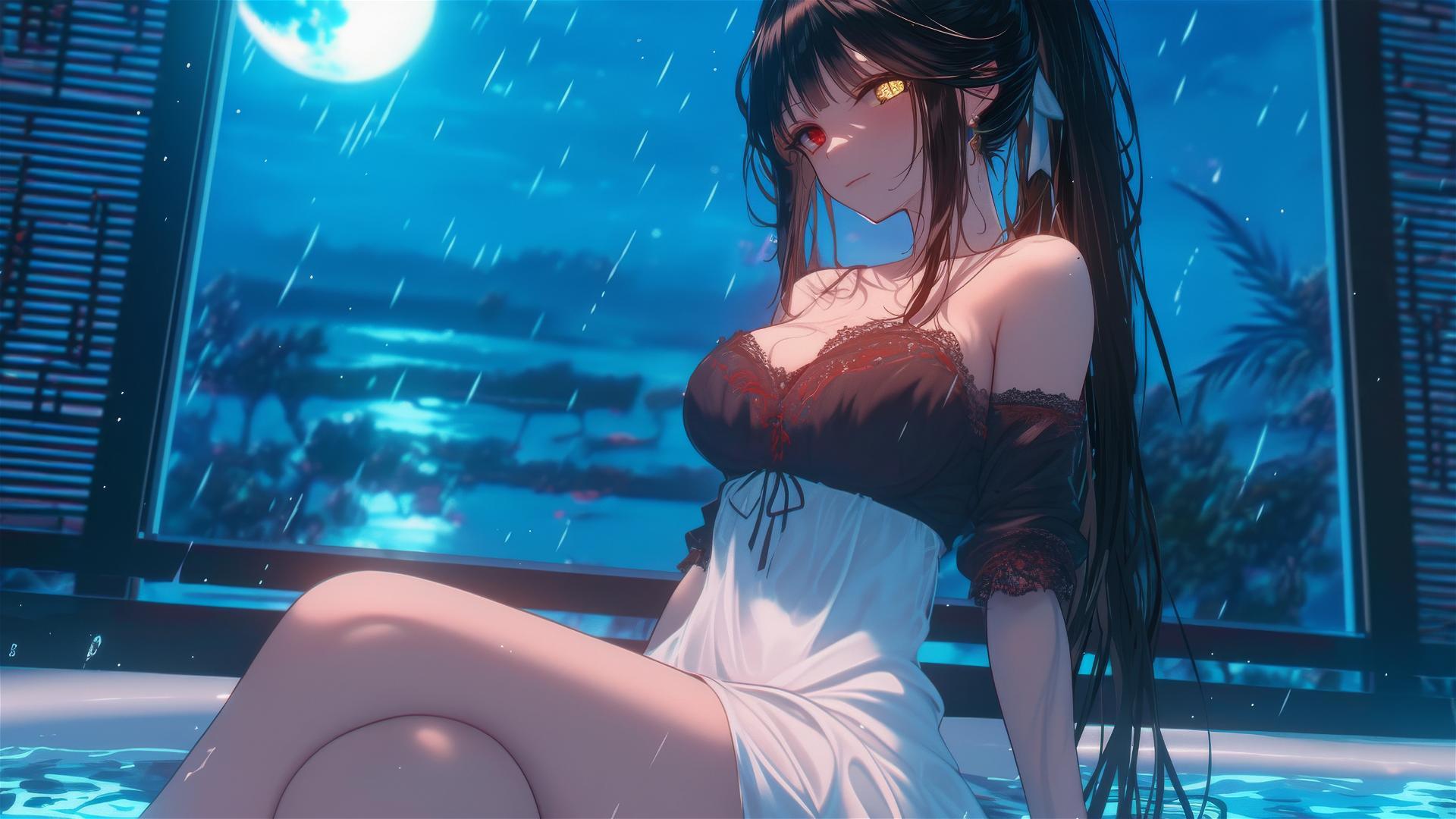 Kurumi Tokisaki resting in a tub with moonlight glow, white dress, rainy night
