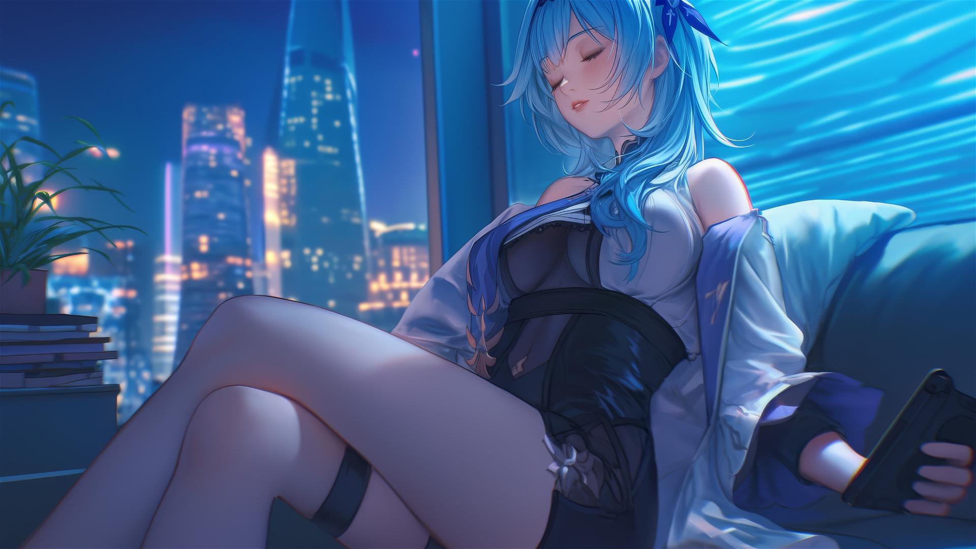 Eula Lawrence from Genshin Impact resting in a modern hotel room with moonlight glow.