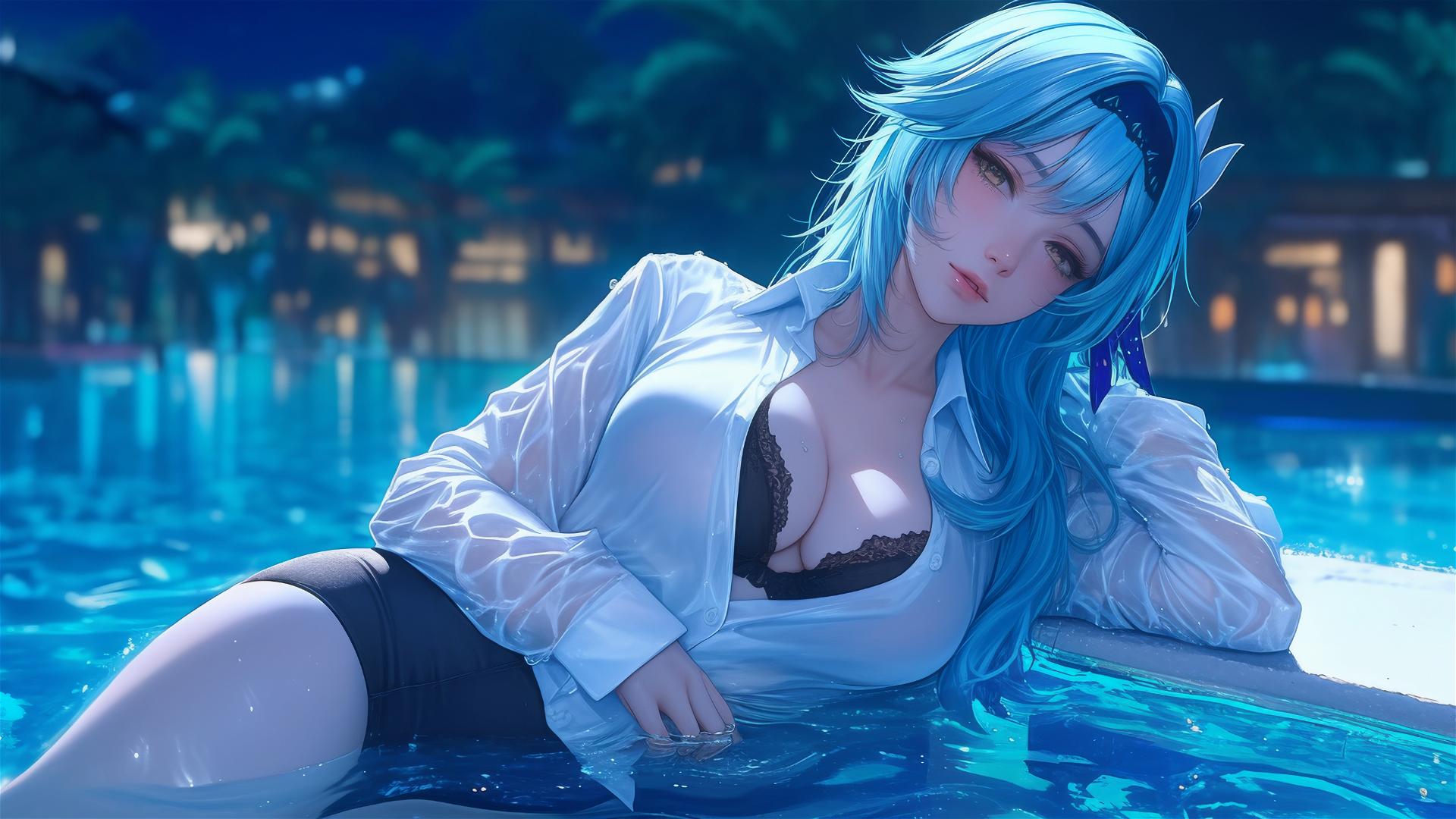 Eula Lawrence in white office shirt at rainy swimming pool with moonlight glow