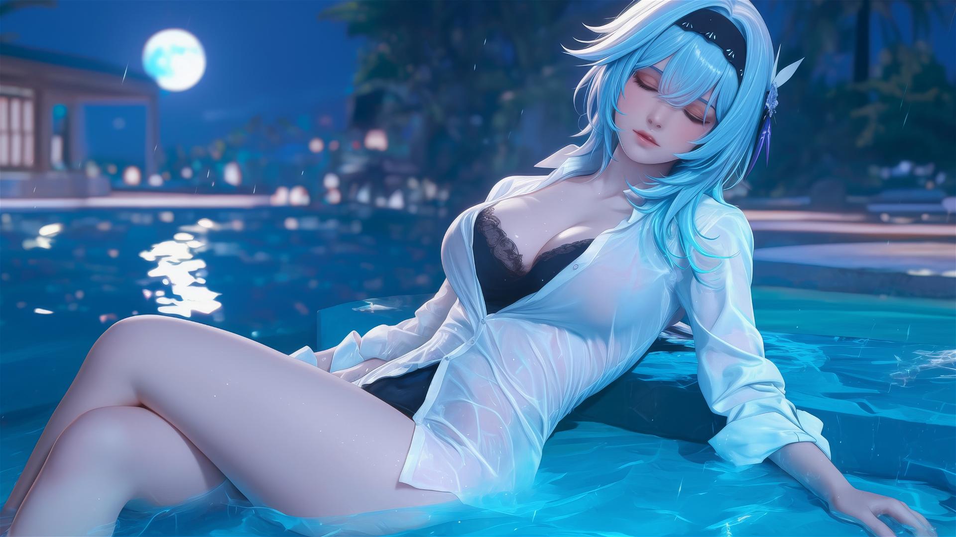 Eula Lawrence in white office shirt resting at rainy pool, moonlight, light blue hair.