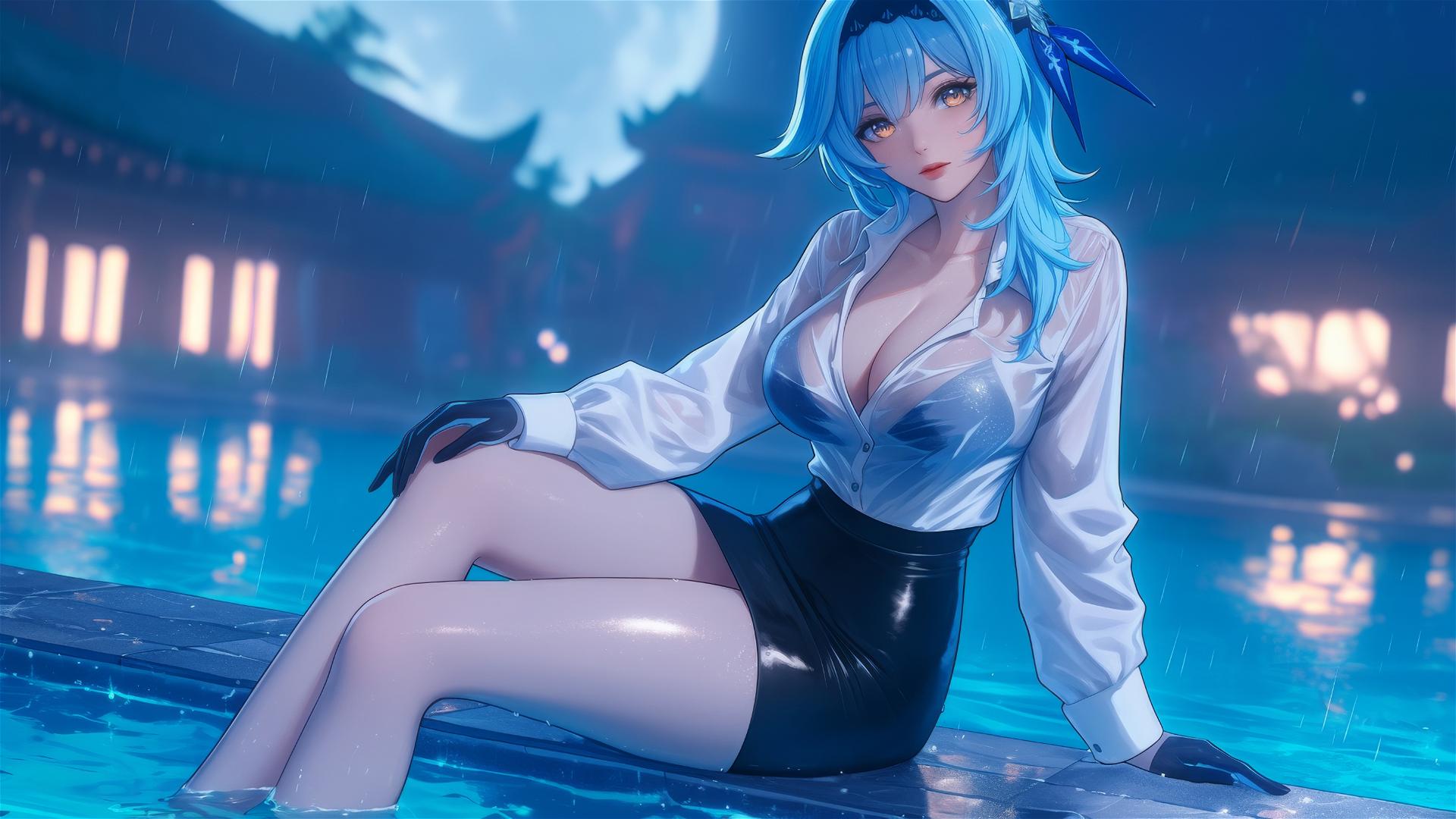 Eula Lawrence from Genshin Impact in white office shirt resting by a rainy swimming pool under moonlight.