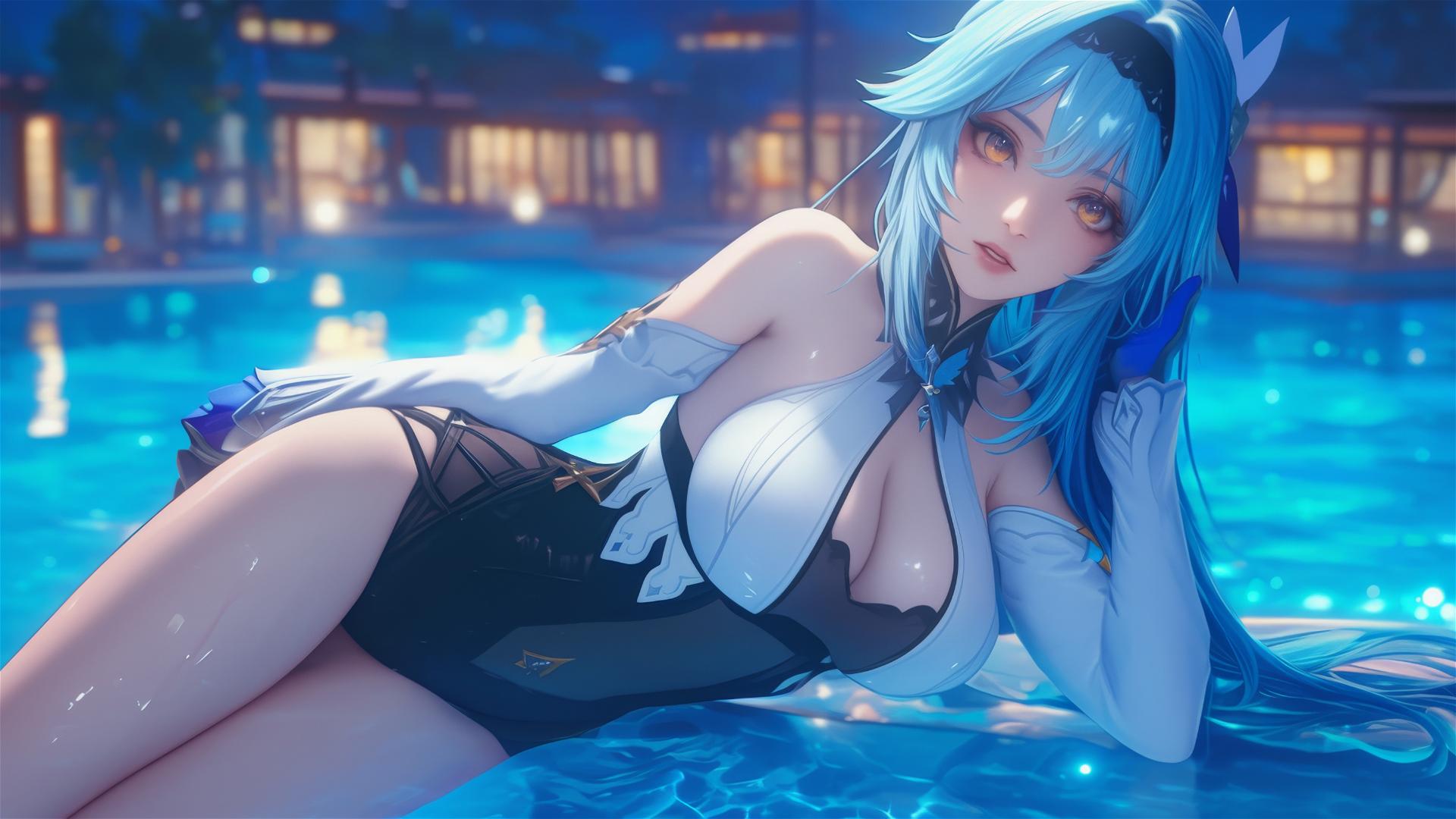 Eula Lawrence from Genshin Impact resting at a swimming pool under moonlight.