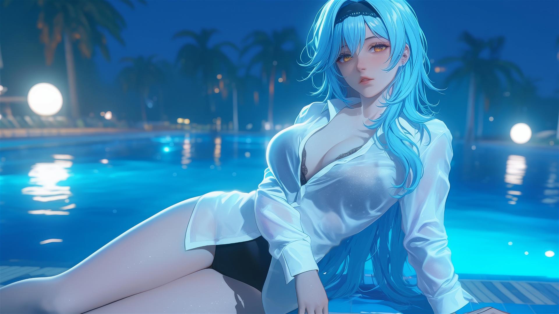 Eula Lawrence from Genshin Impact in white office shirt by rainy swimming pool, moonlight glow.
