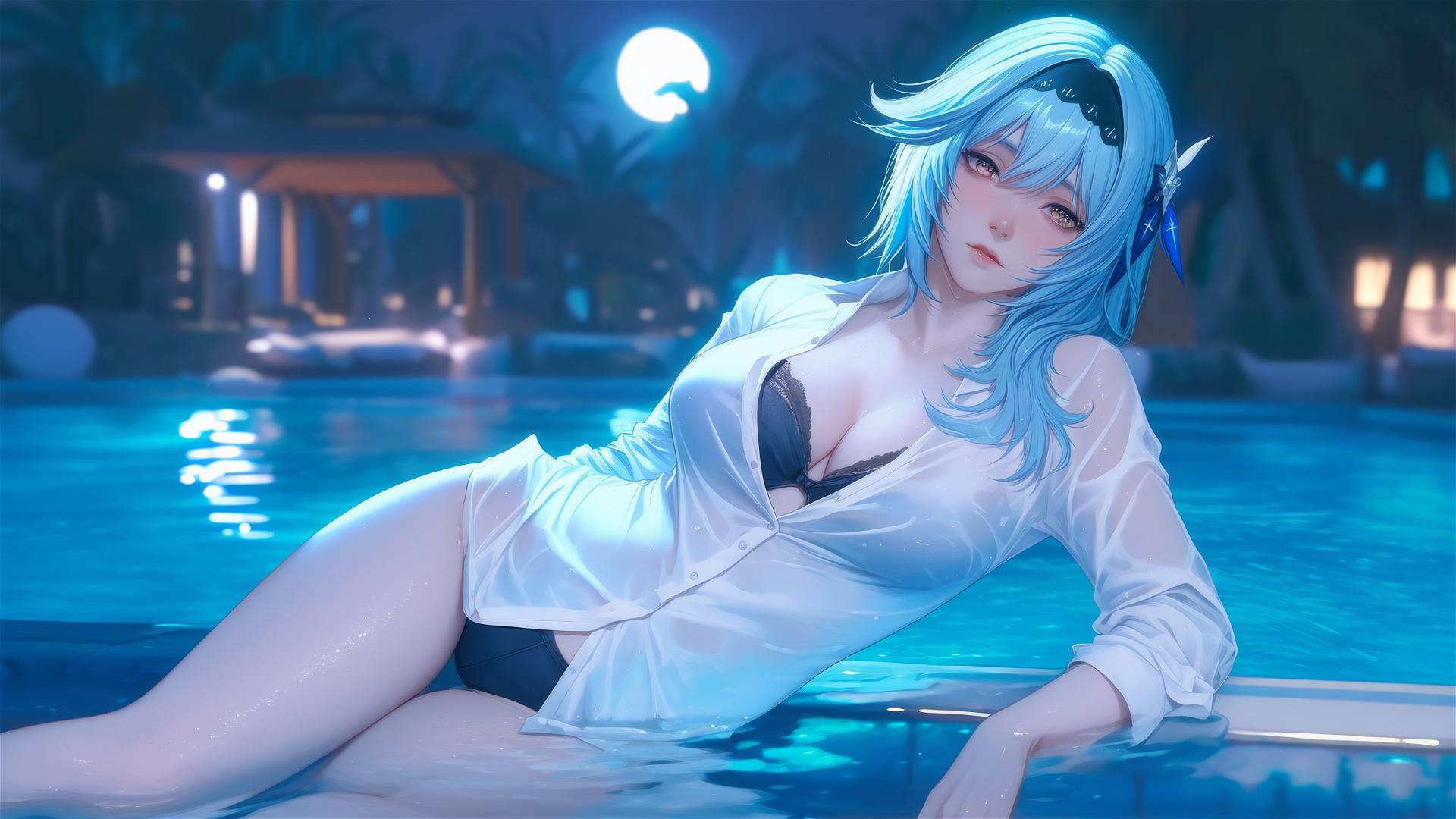 Eula Lawrence in white office shirt, resting at a rainy pool under moonlight.