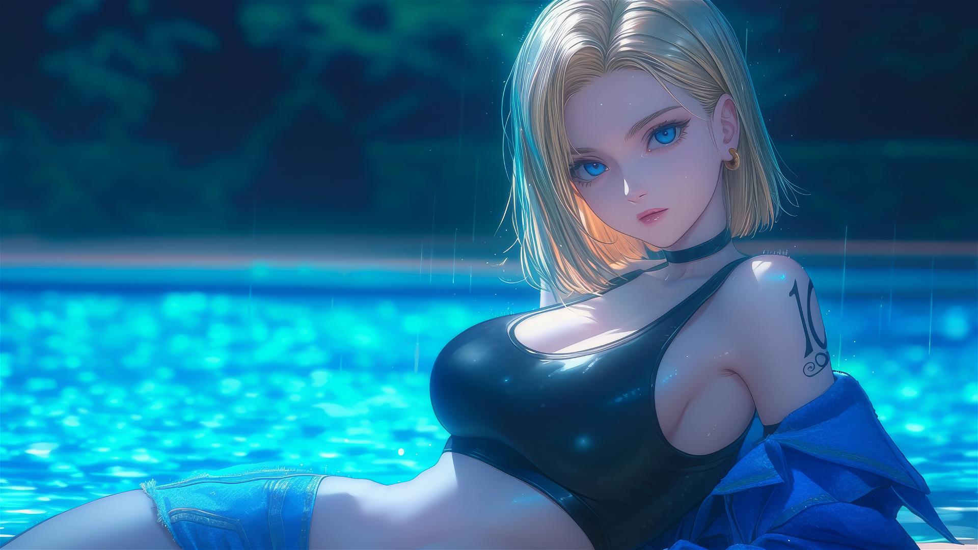 Android 18 resting by a rainy swimming pool under moonlight