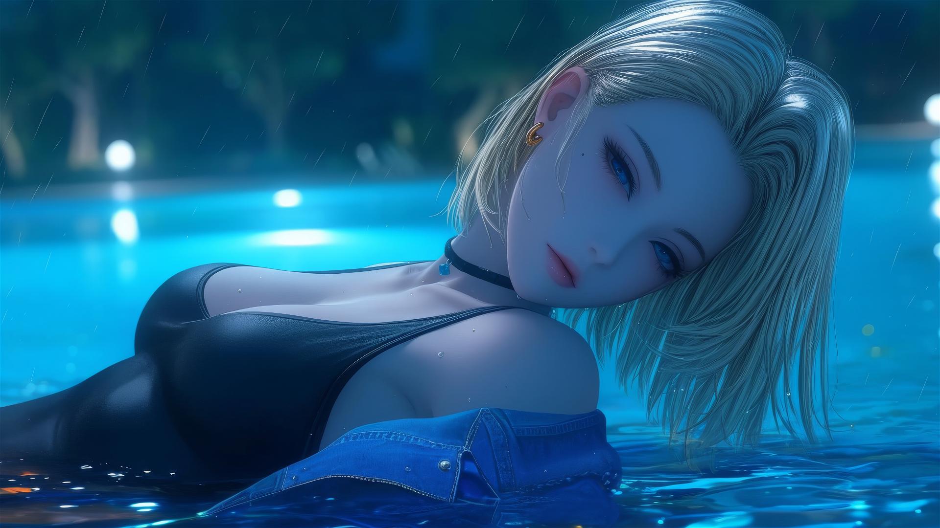 Android 18 resting by a rainy pool with moonlight glow