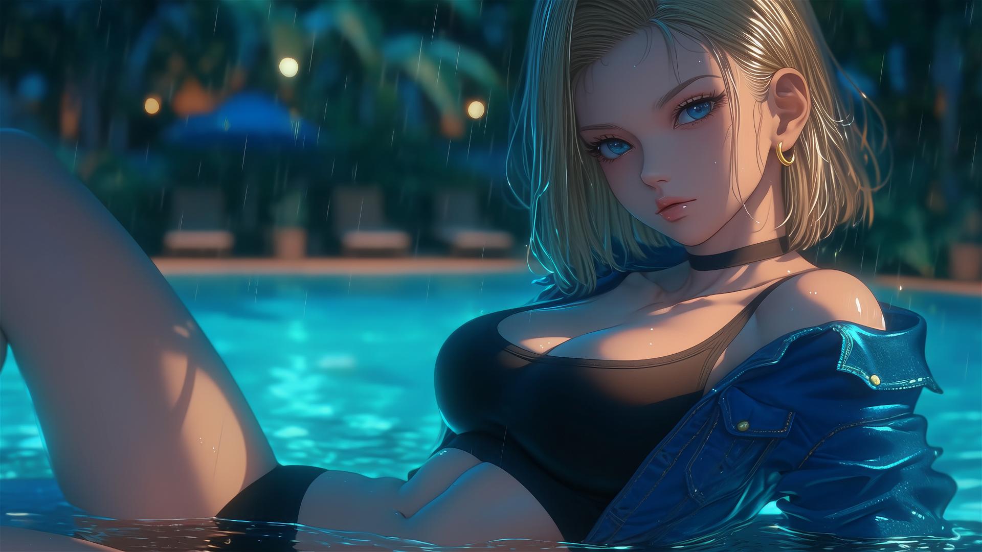 Android 18 relaxing by a rainy pool under moonlight