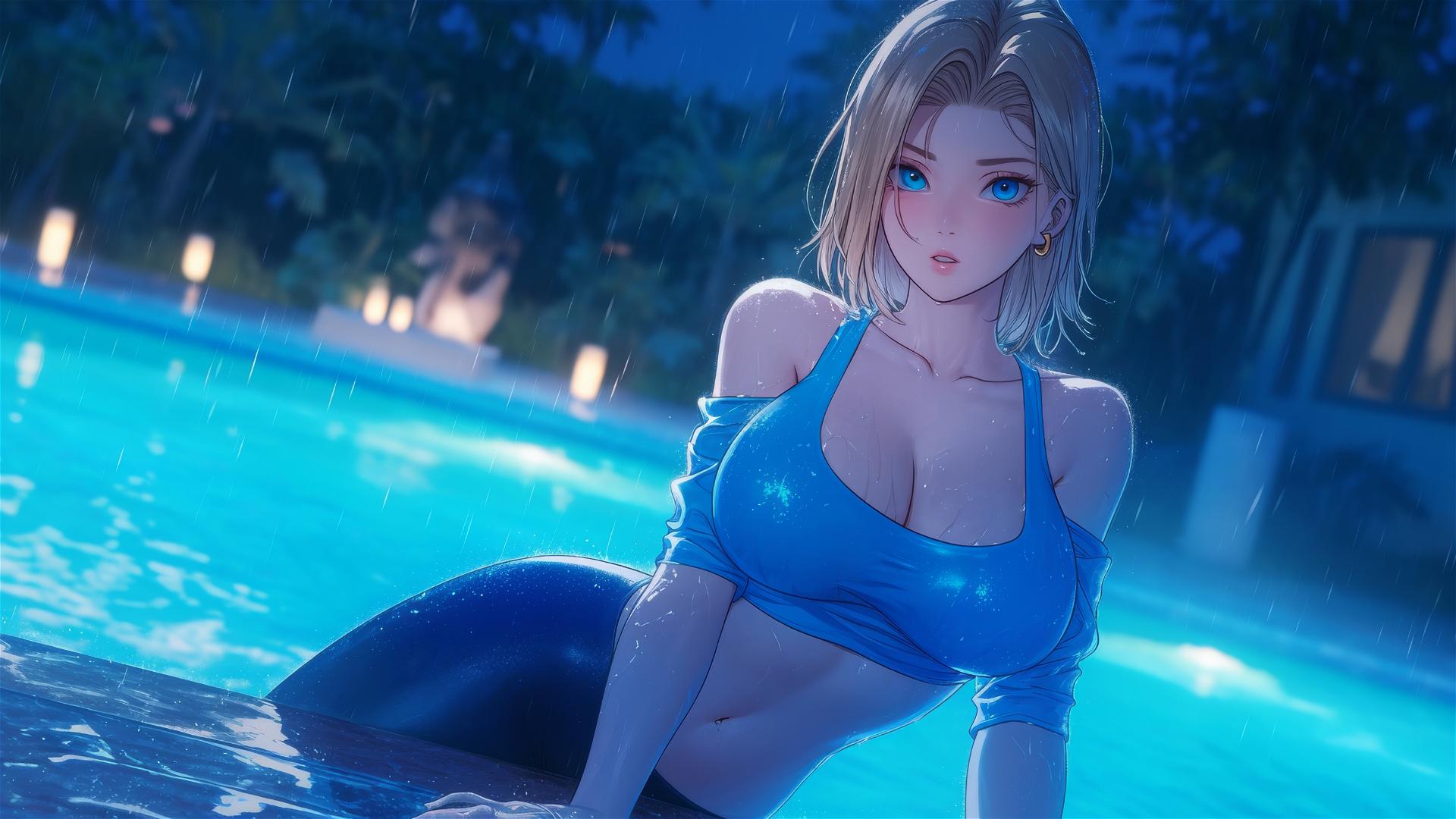 Android 18 from Dragon Ball rests by a rainy pool under moonlight.