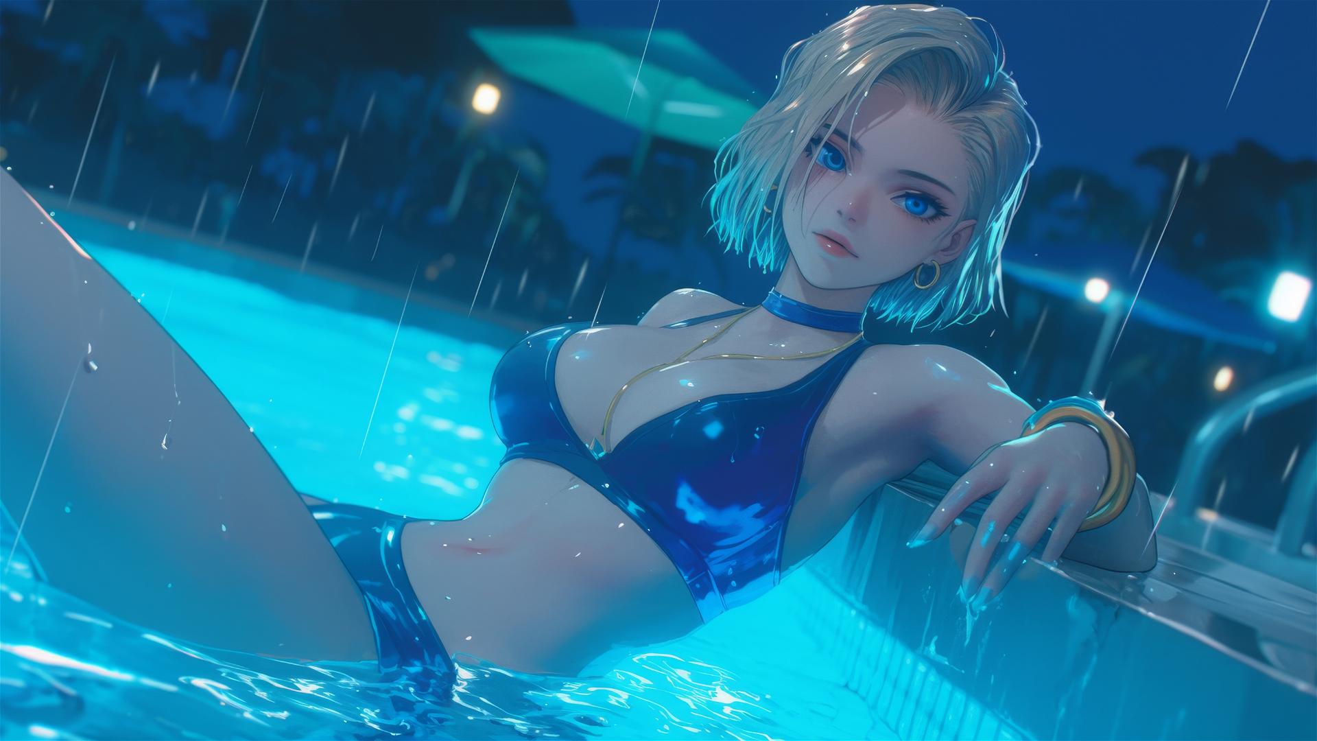 Android 18 resting by a rainy swimming pool under moonlight.