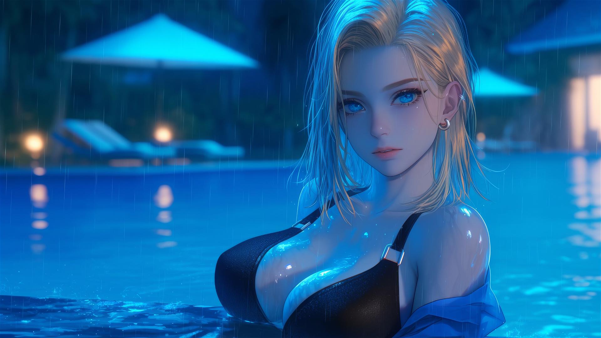 Android 18 resting by a rainy swimming pool under moonlight.