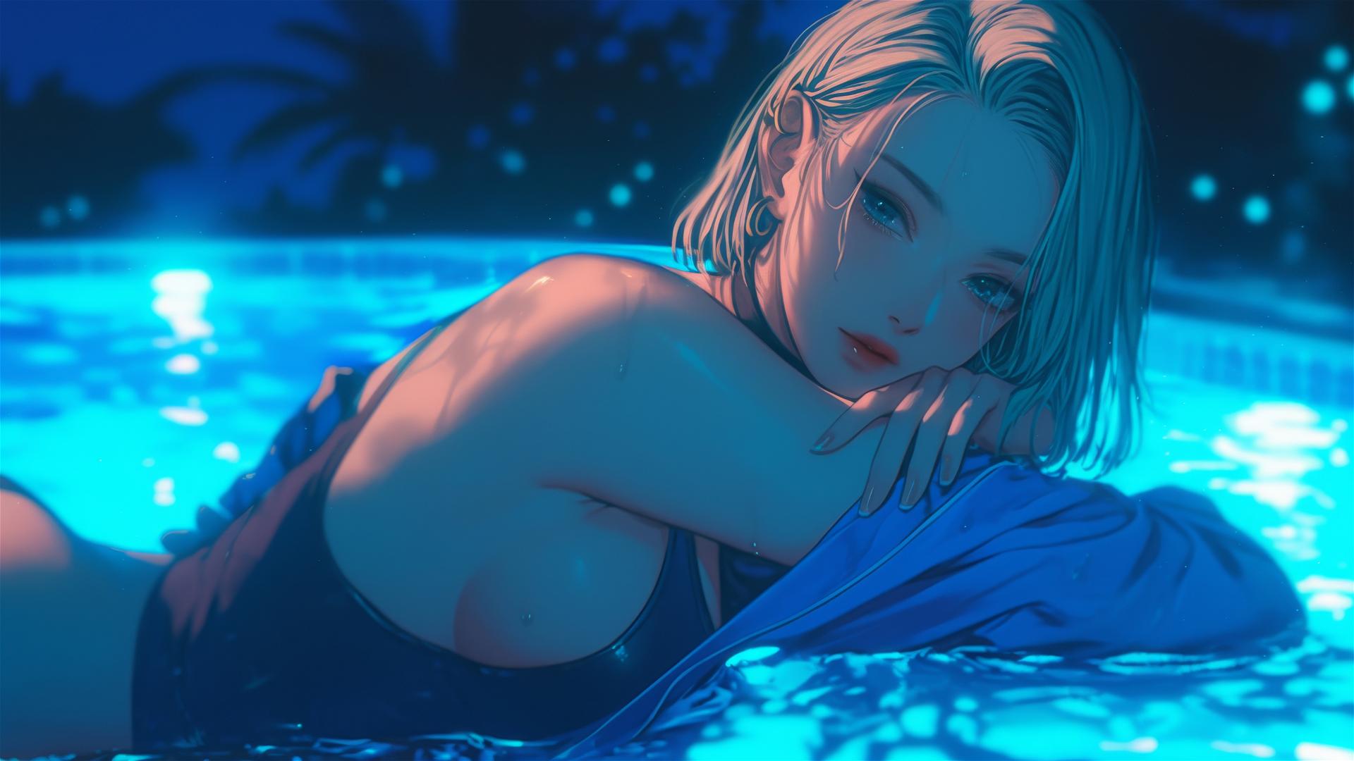 Android 18 rests by a rainy pool, illuminated by moonlight.