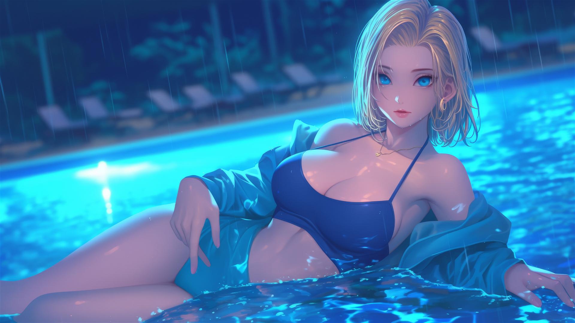 Dragon Ball Android 18 resting by a rainy swimming pool