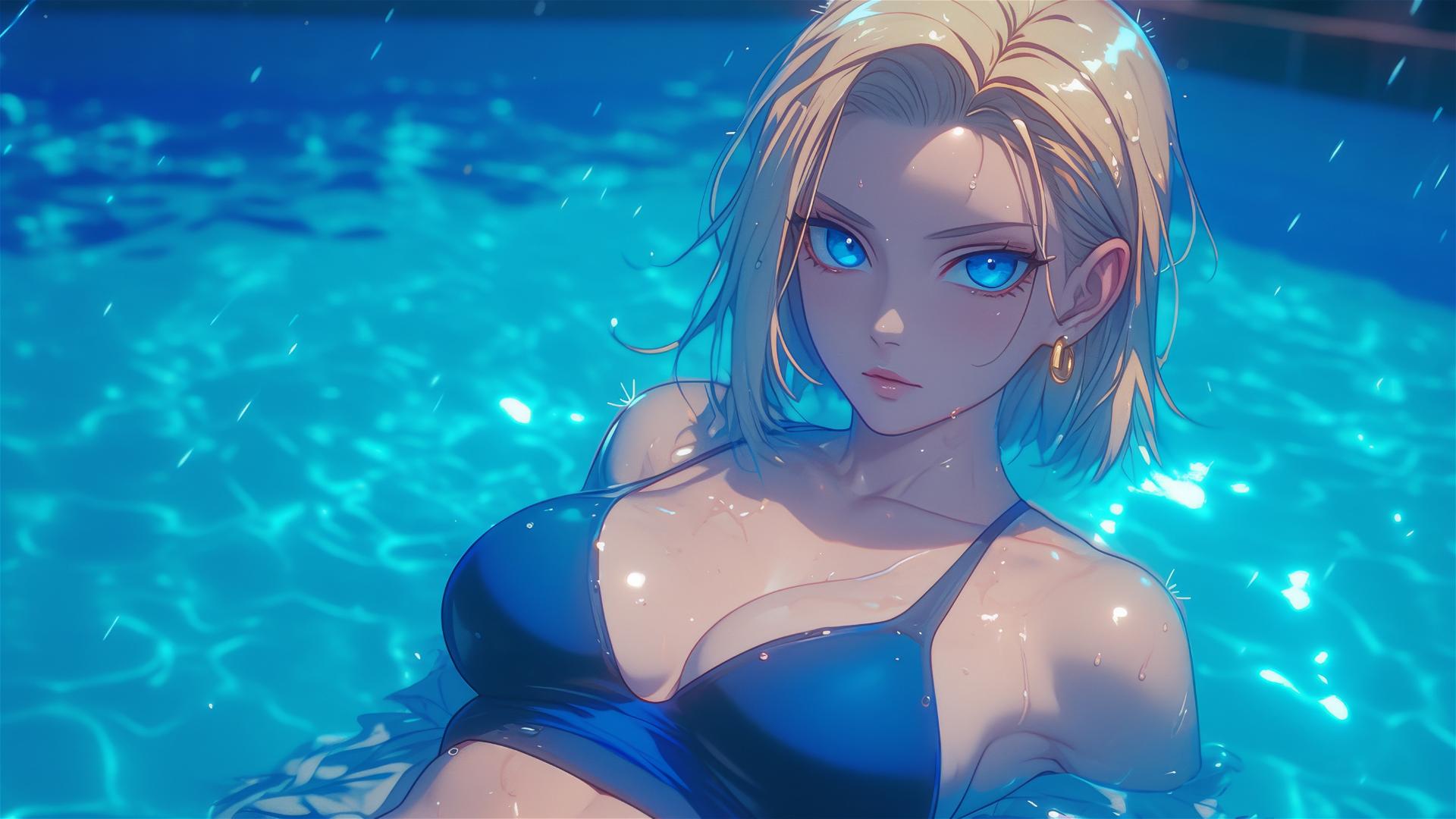 Android 18 from Dragon Ball resting by a rainy pool