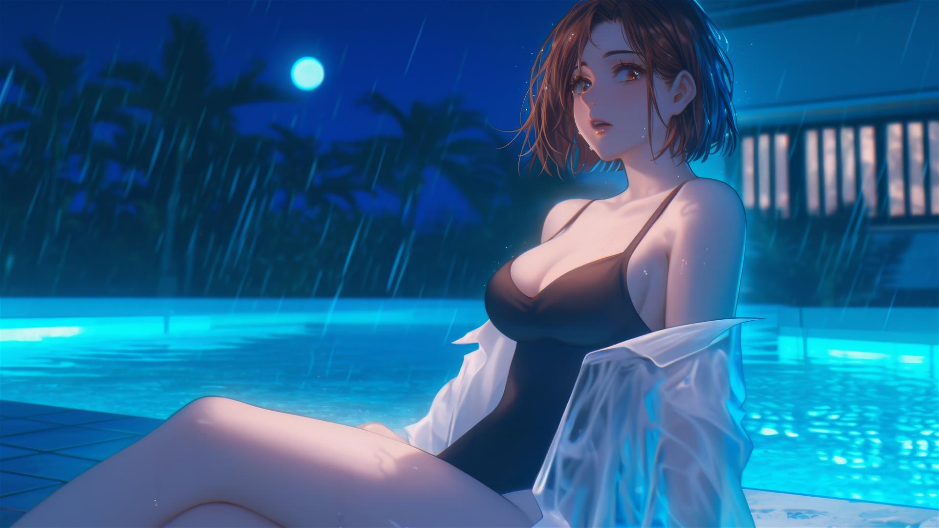 Nobara Kugisaki resting by a rainy swimming pool with moonlight glow