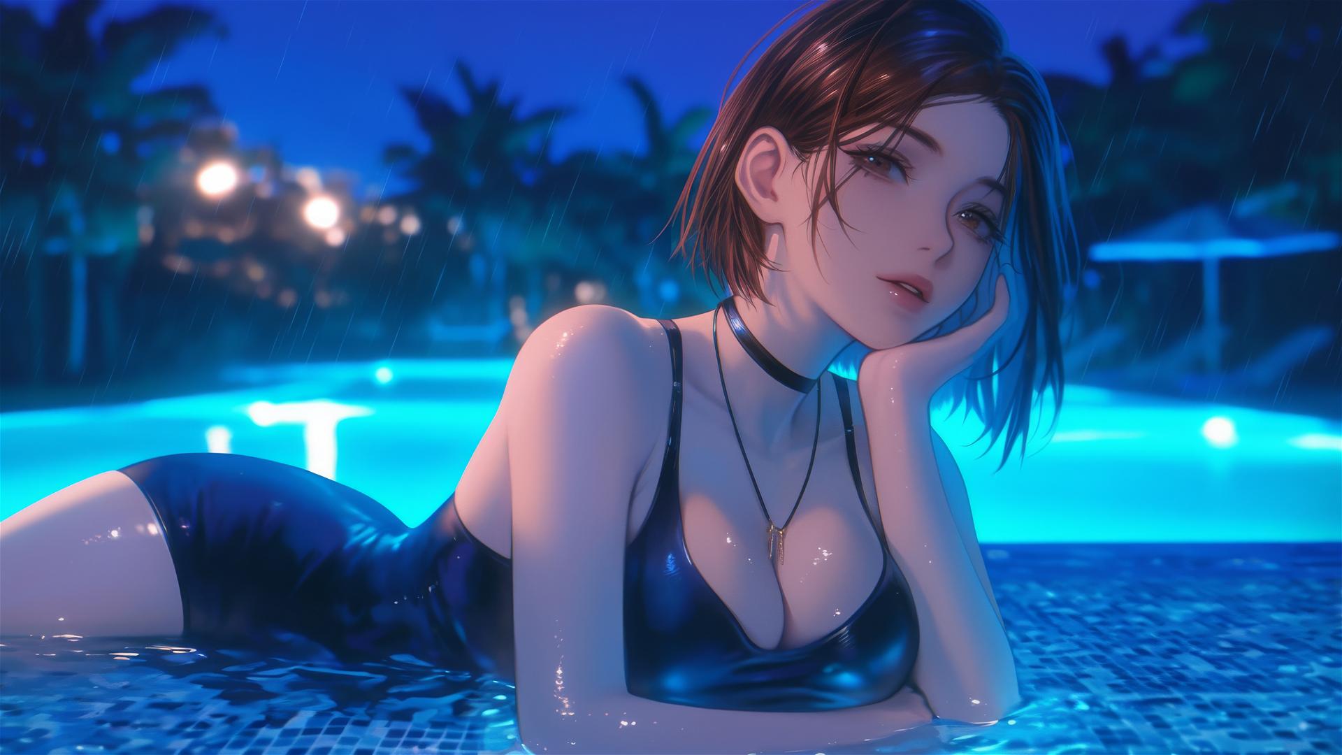 Nobara Kugisaki resting by a rainy pool under moonlight