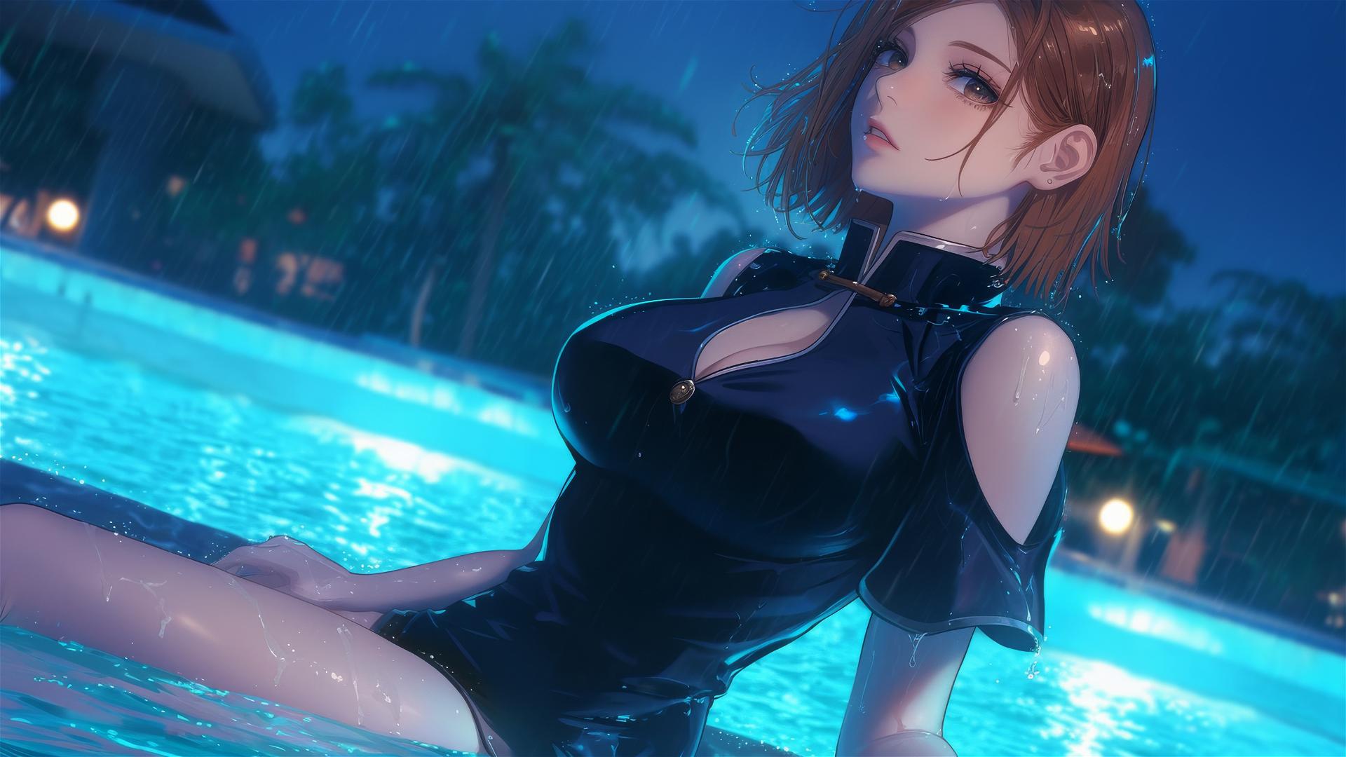 Nobara Kugisaki from Jujutsu Kaisen resting by a rainy pool under moonlight.