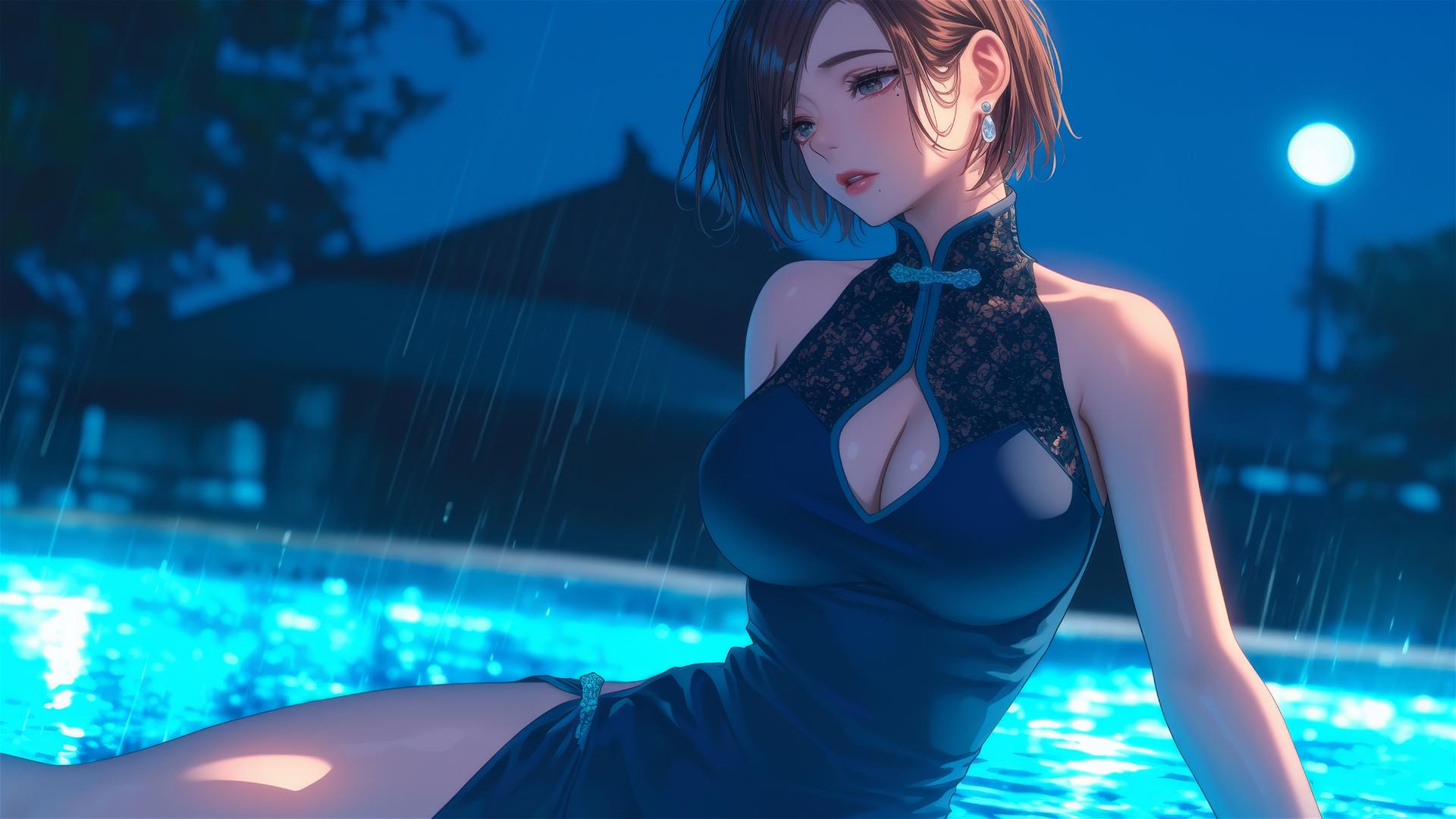 Nobara Kugisaki resting by the rainy pool under moonlight