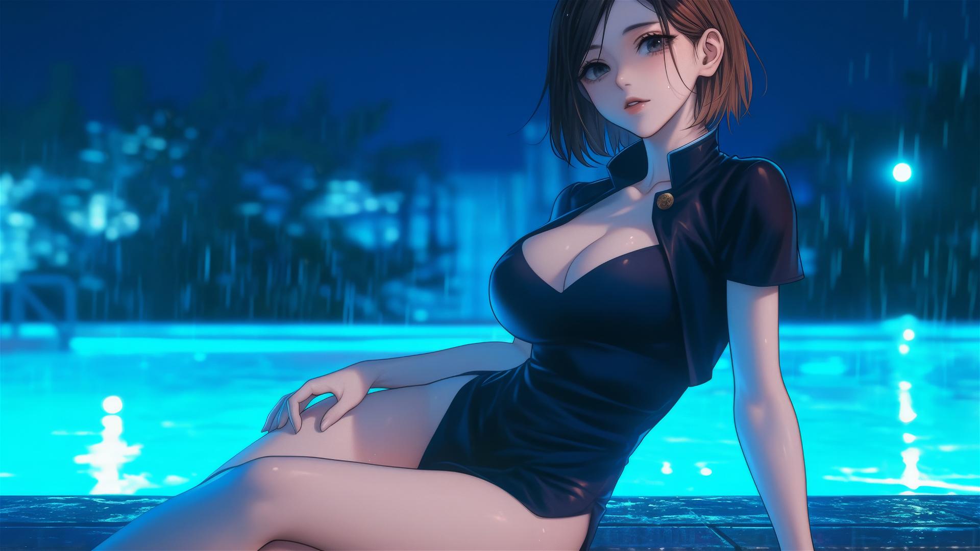 Nobara Kugisaki resting by a rainy pool in moonlight with short brown hair.