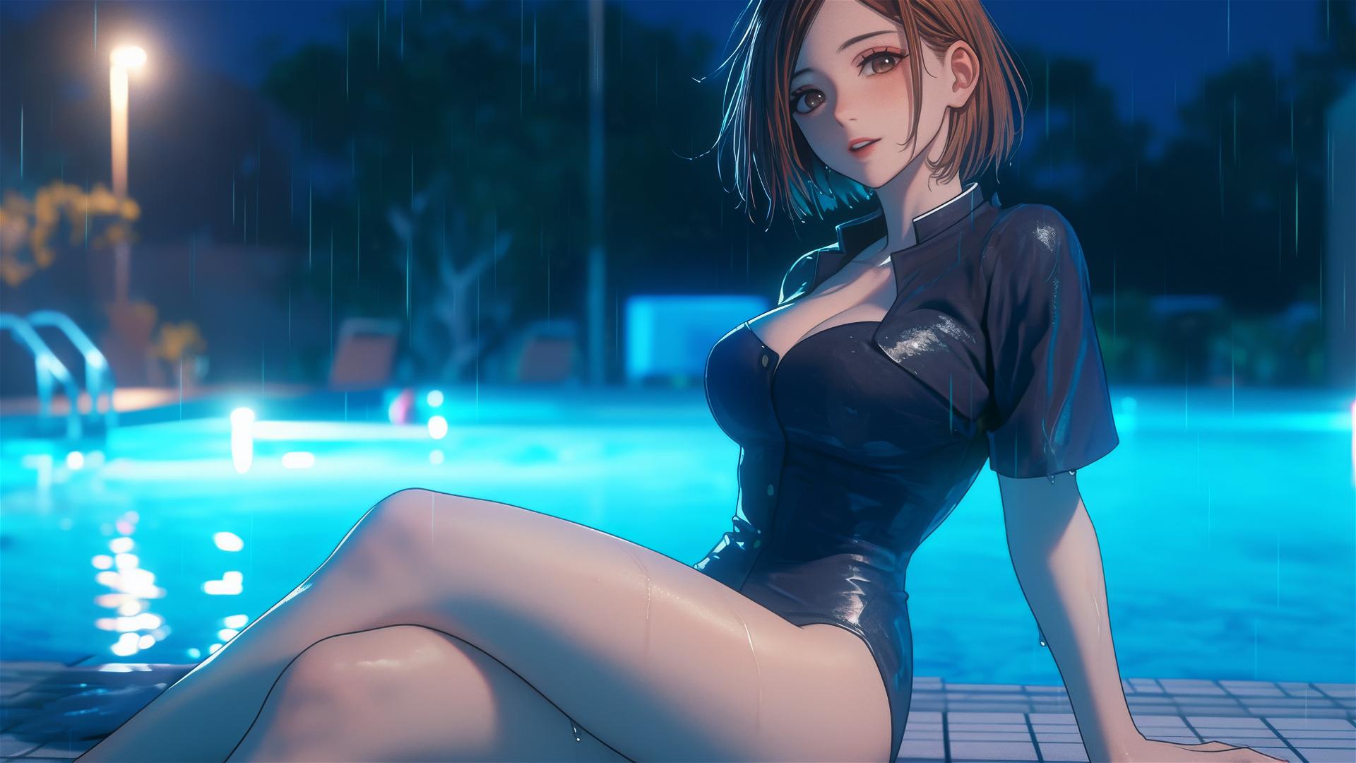 Nobara Kugisaki from Jujutsu Kaisen resting by a rainy pool under moonlight