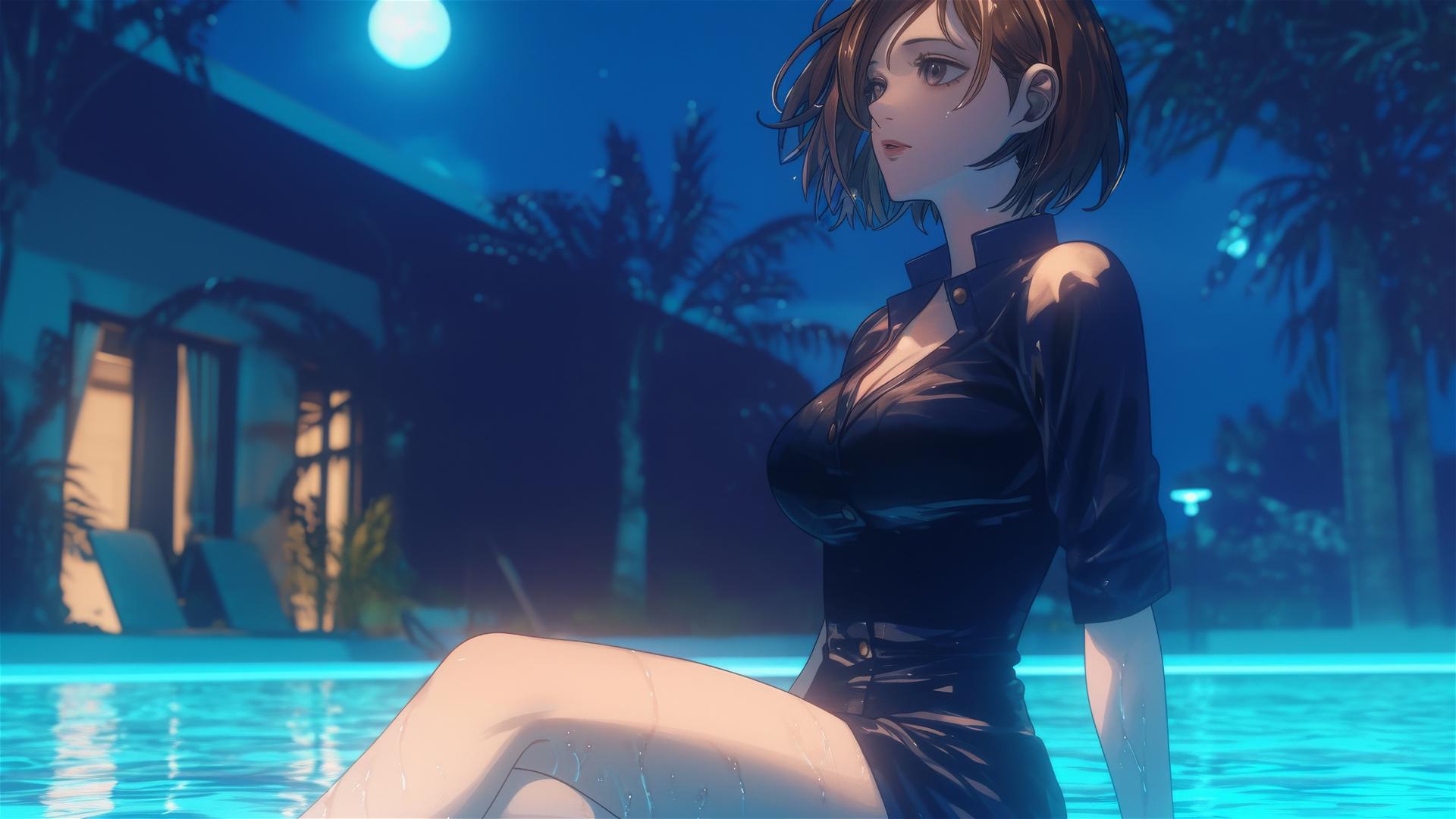 Nobara Kugisaki resting by rainy pool with moonlight glow