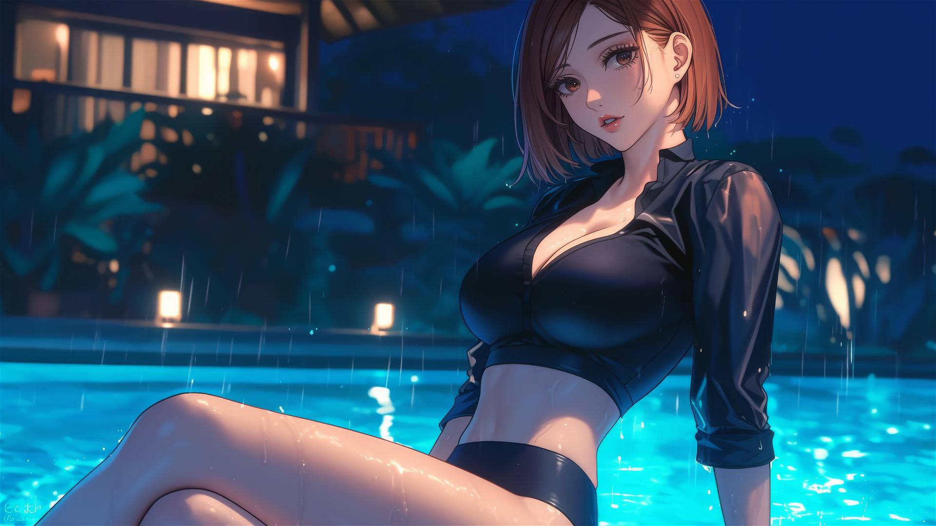 Nobara Kugisaki from Jujutsu Kaisen resting by the rainy swimming pool under moonlight.