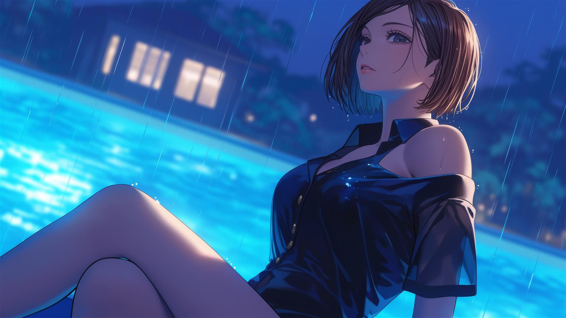 Nobara Kugisaki resting by a rainy pool under moonlight