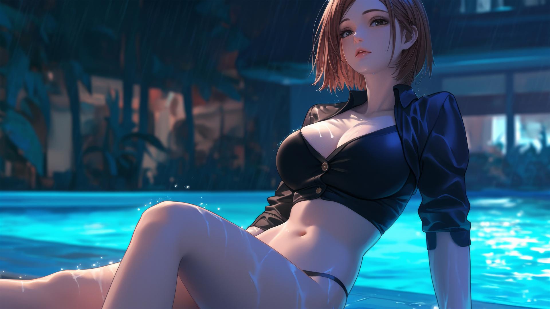 Nobara Kugisaki resting by a rainy pool, illuminated by moonlight.