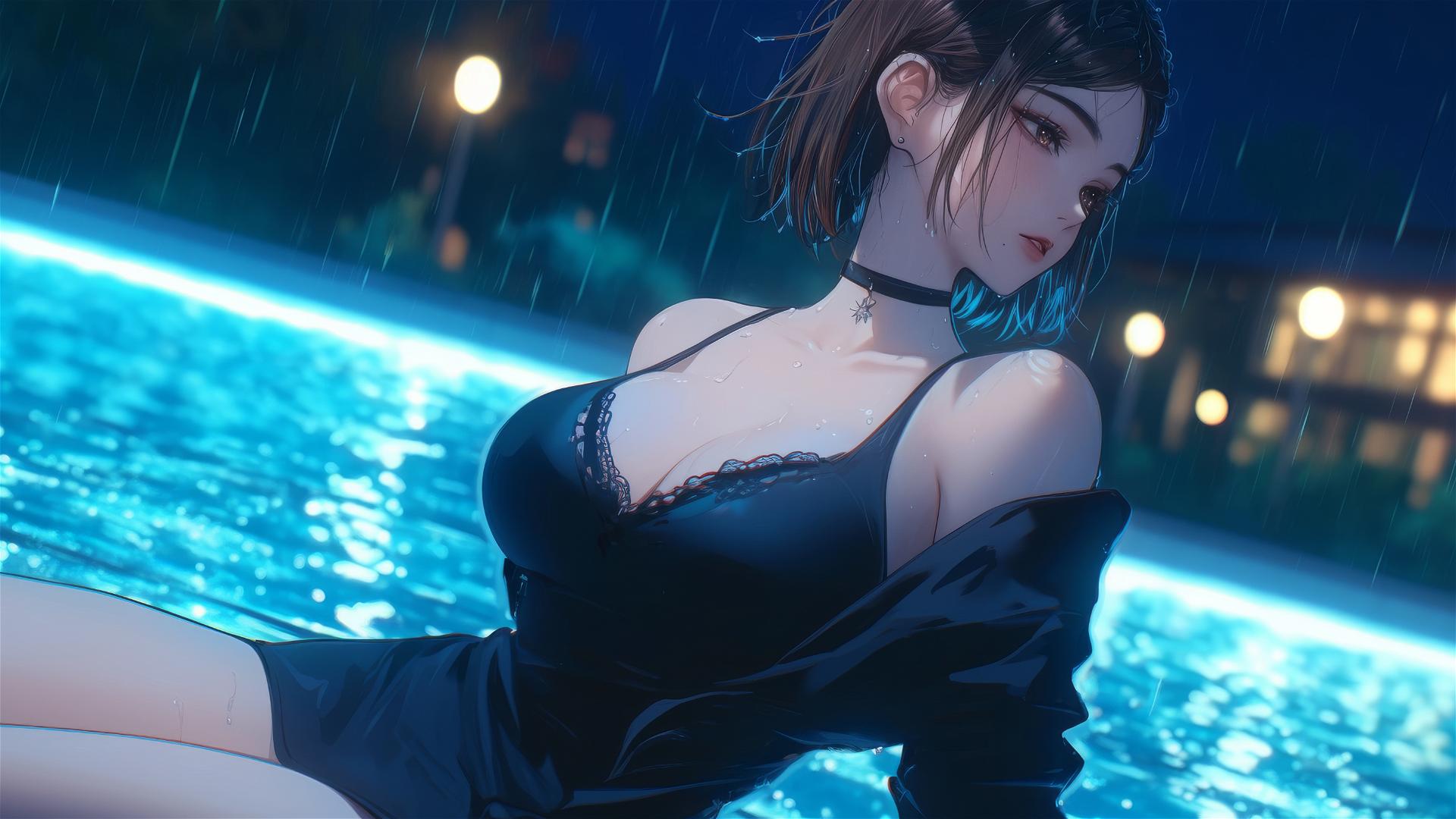 Nobara Kugisaki from Jujutsu Kaisen resting by a rainy swimming pool under moonlight.
