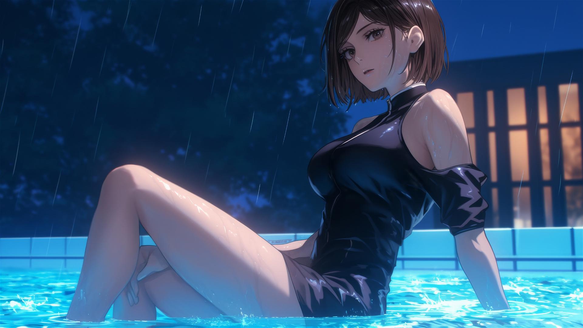 Nobara Kugisaki resting by a rainy swimming pool under moonlight.