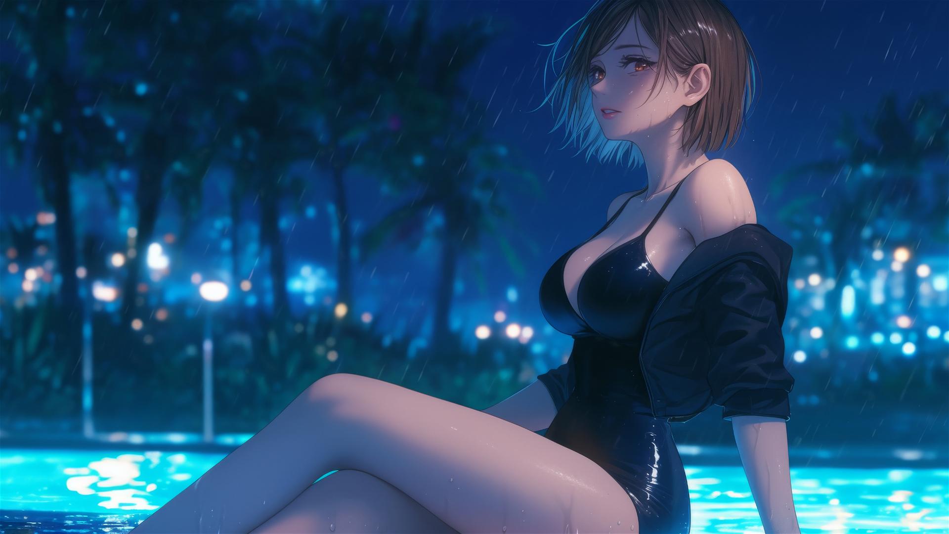 Nobara Kugisaki resting by a rainy pool in moonlight