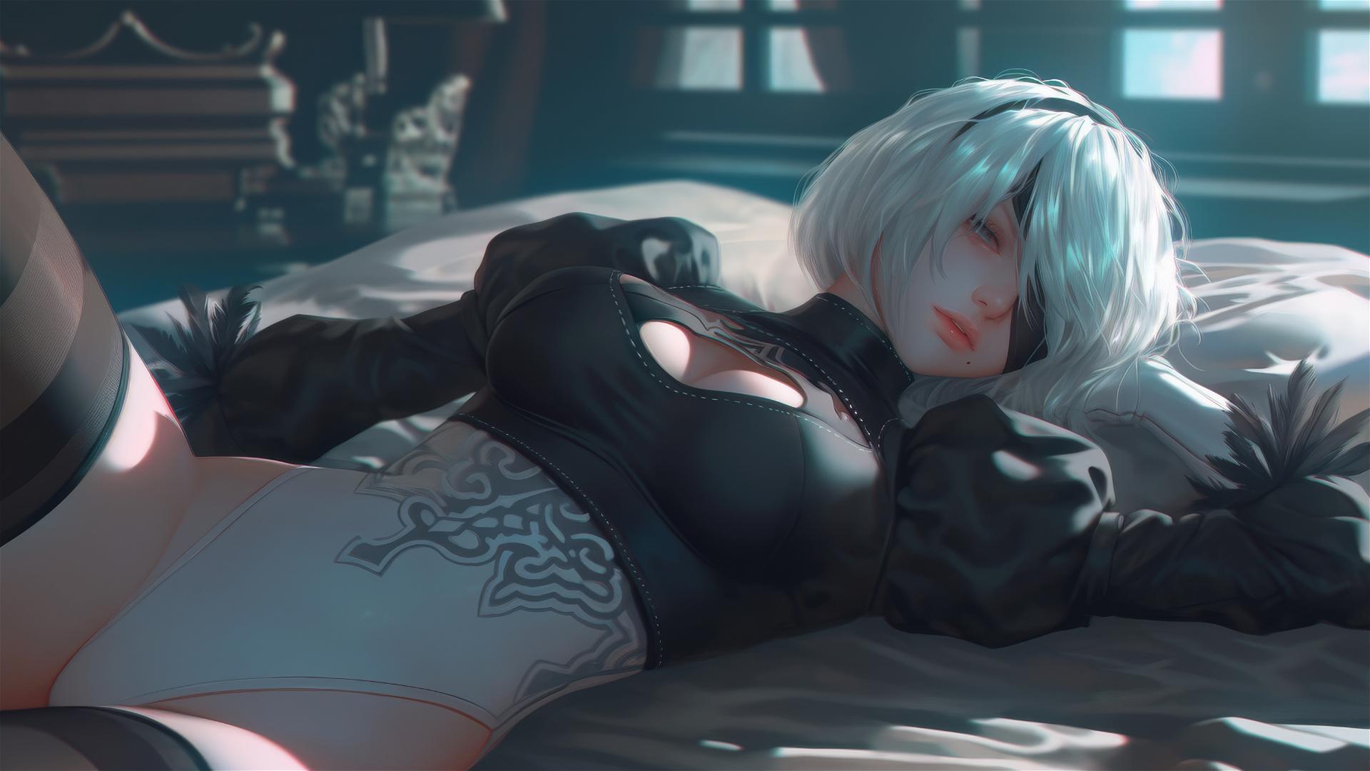 2B from Nier resting in modern hotel room with moonlight