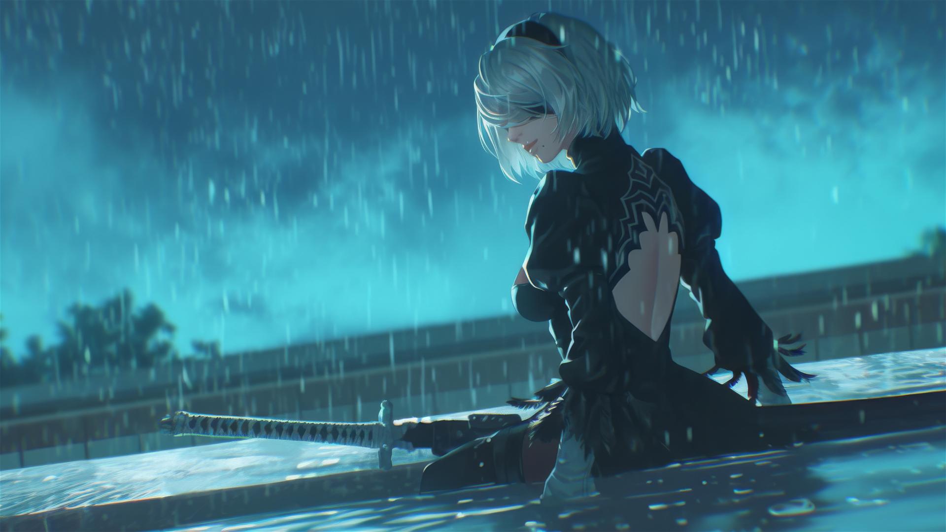 2B from Nier standing at a rainy swimming pool with moonlight glow