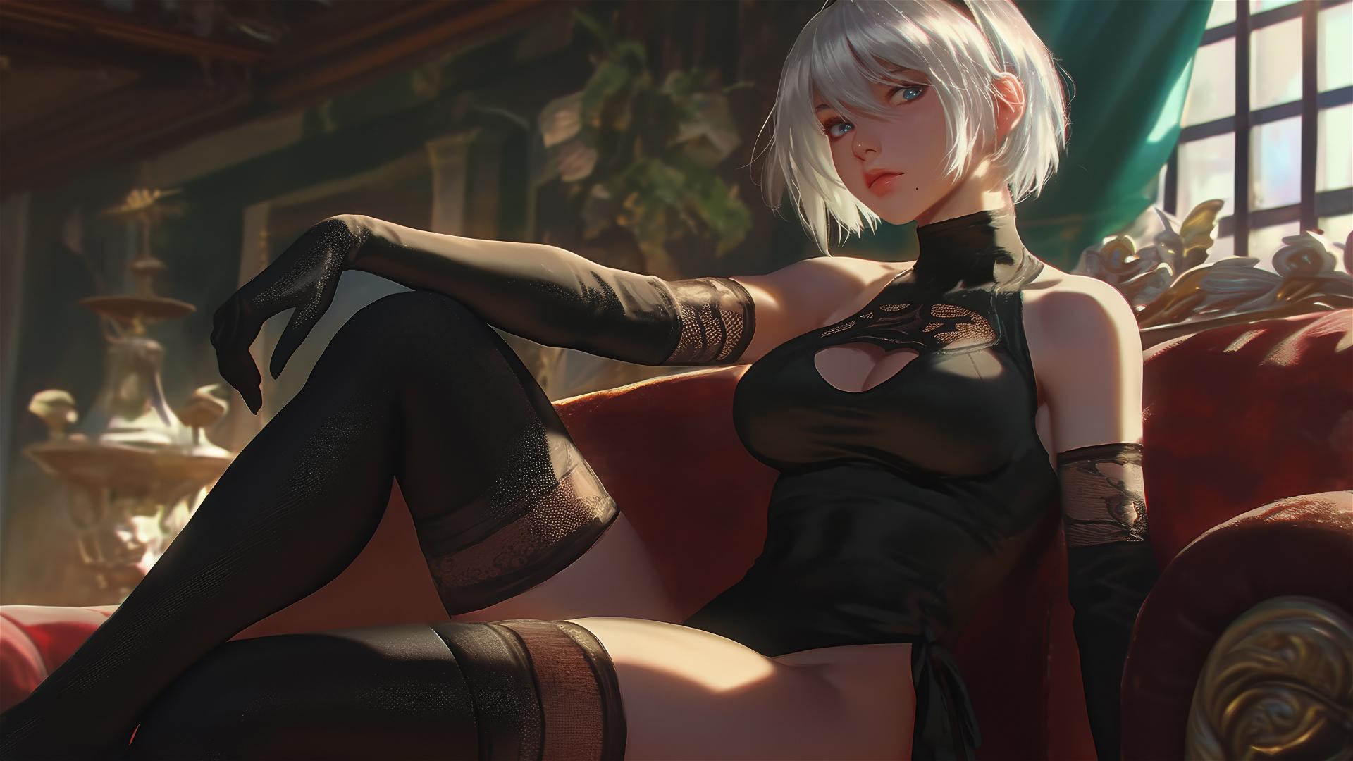 2B from Nier sitting in a modern hotel room, bathed in moonlight glow.