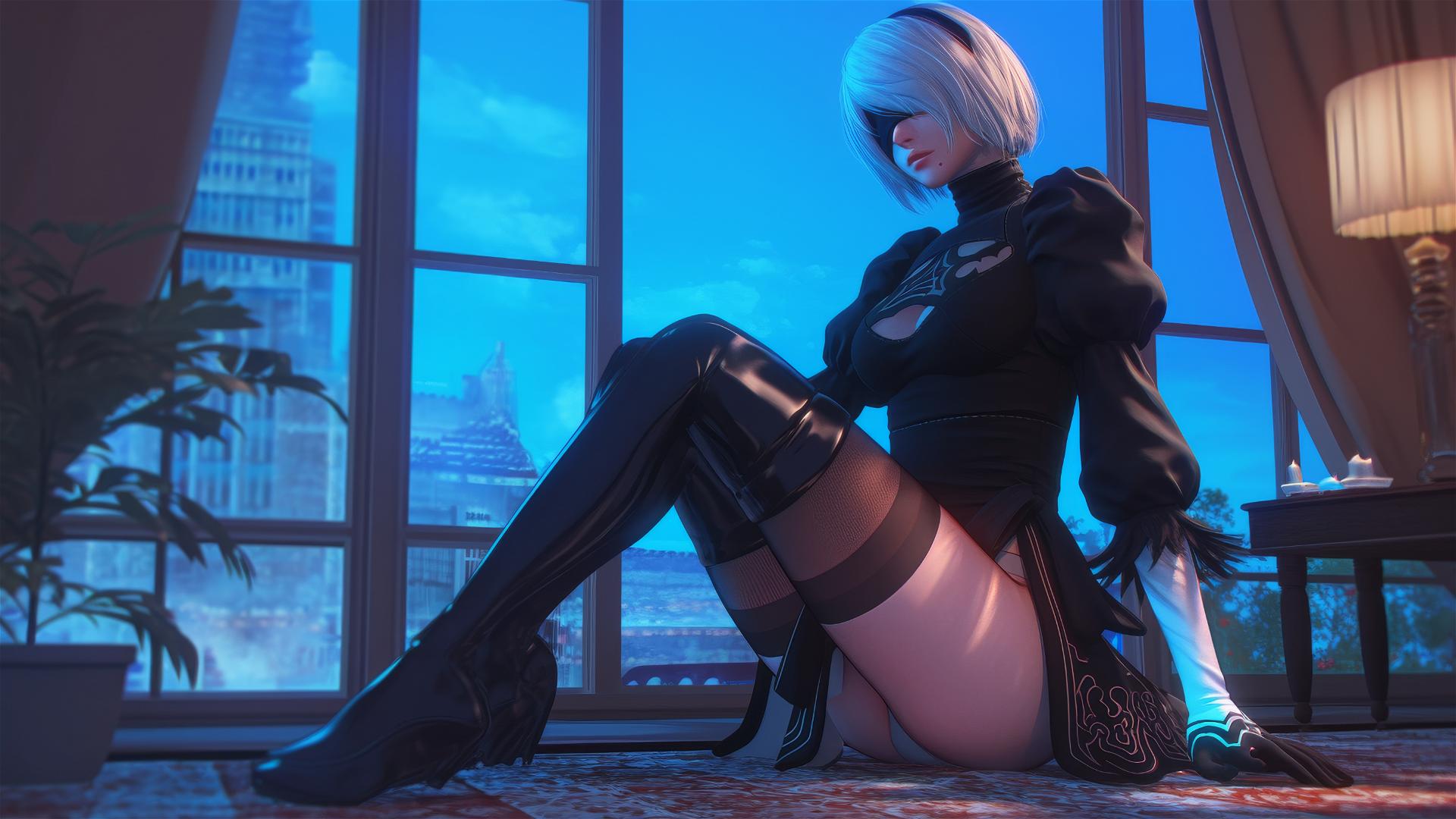 2B from Nier sitting in a modern hotel room under moonlight.