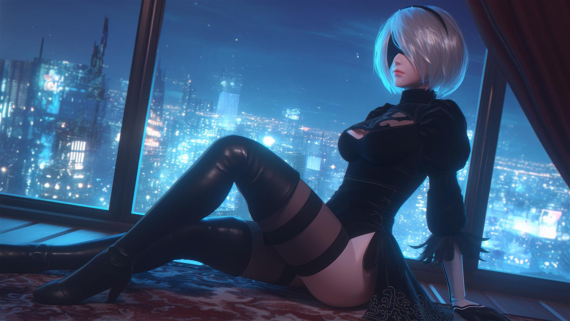 2B from Nier sitting in a modern hotel room with moonlight glow
