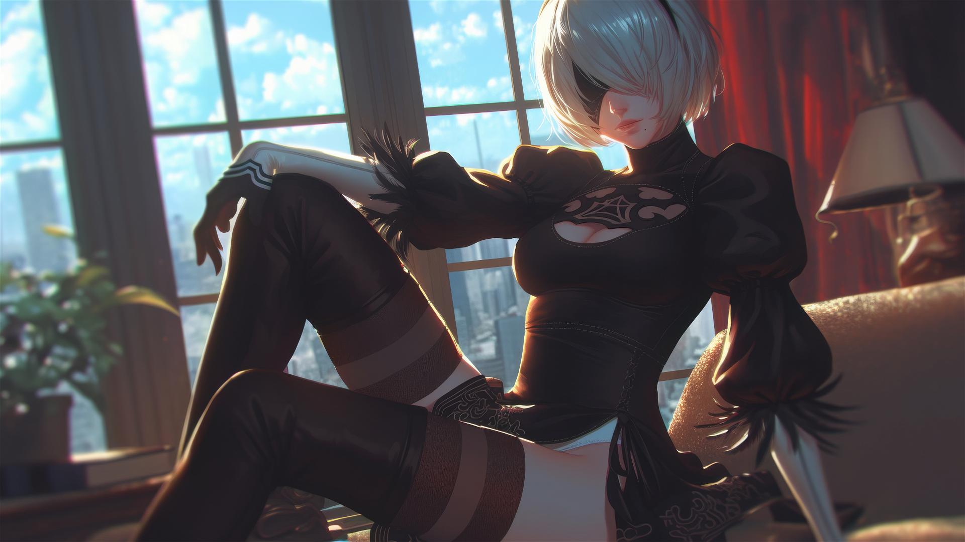 2B from Nier sitting in a modern hotel room, bathed in moonlight.