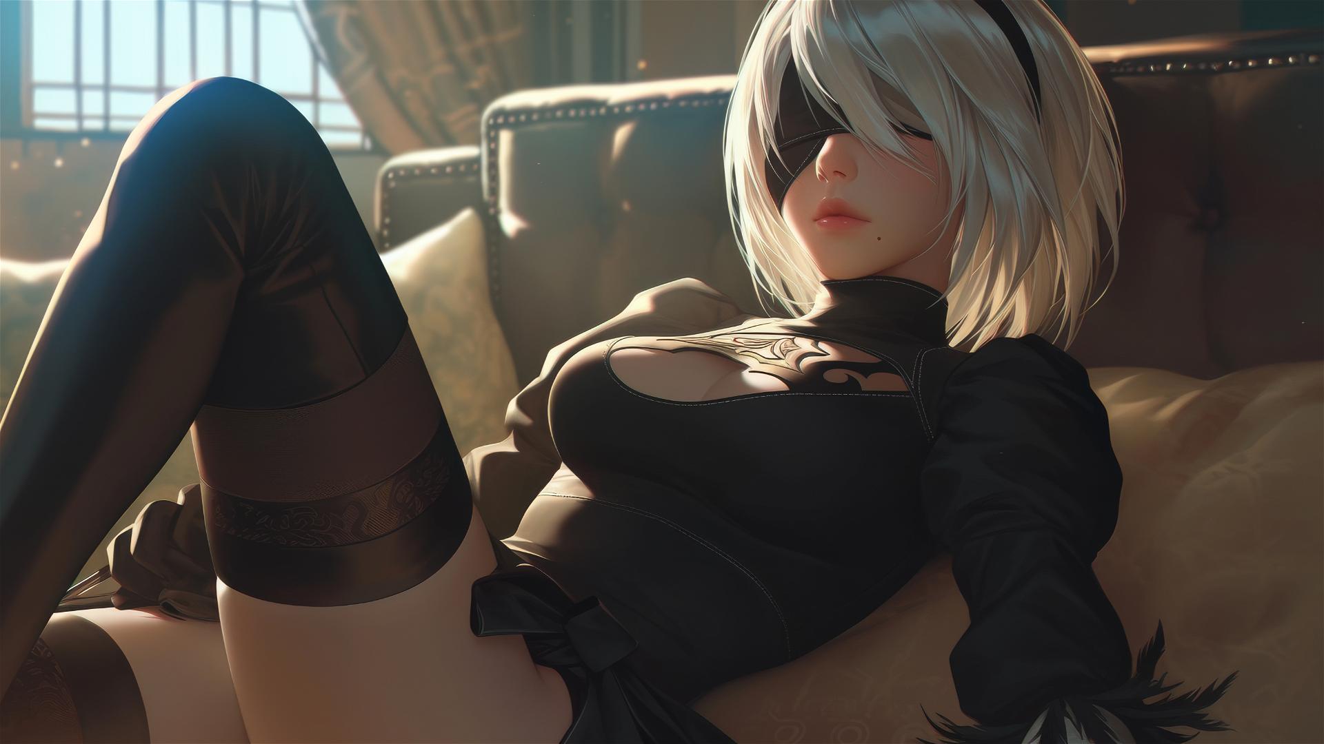 2B from Nier resting in a modern hotel room with moonlight glow