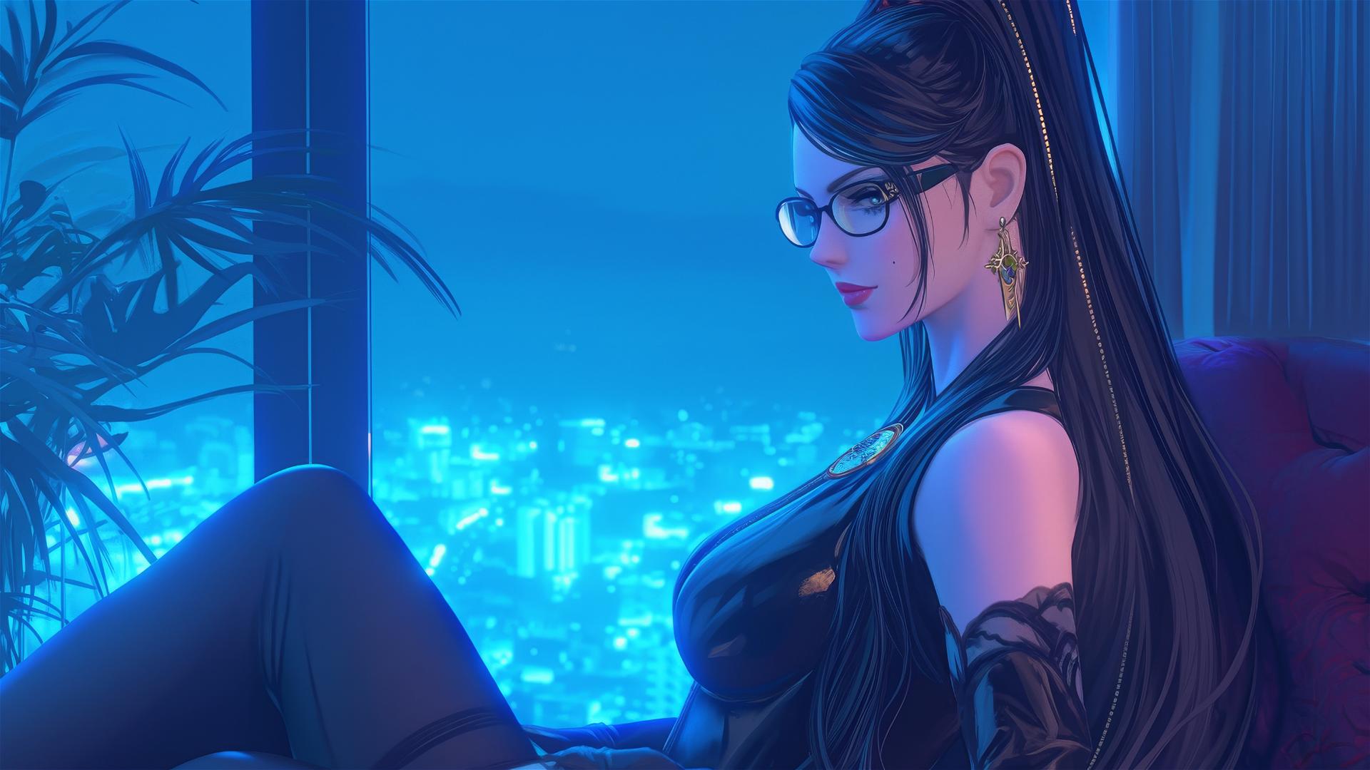 Bayonetta sitting in a modern hotel room with moonlight glow