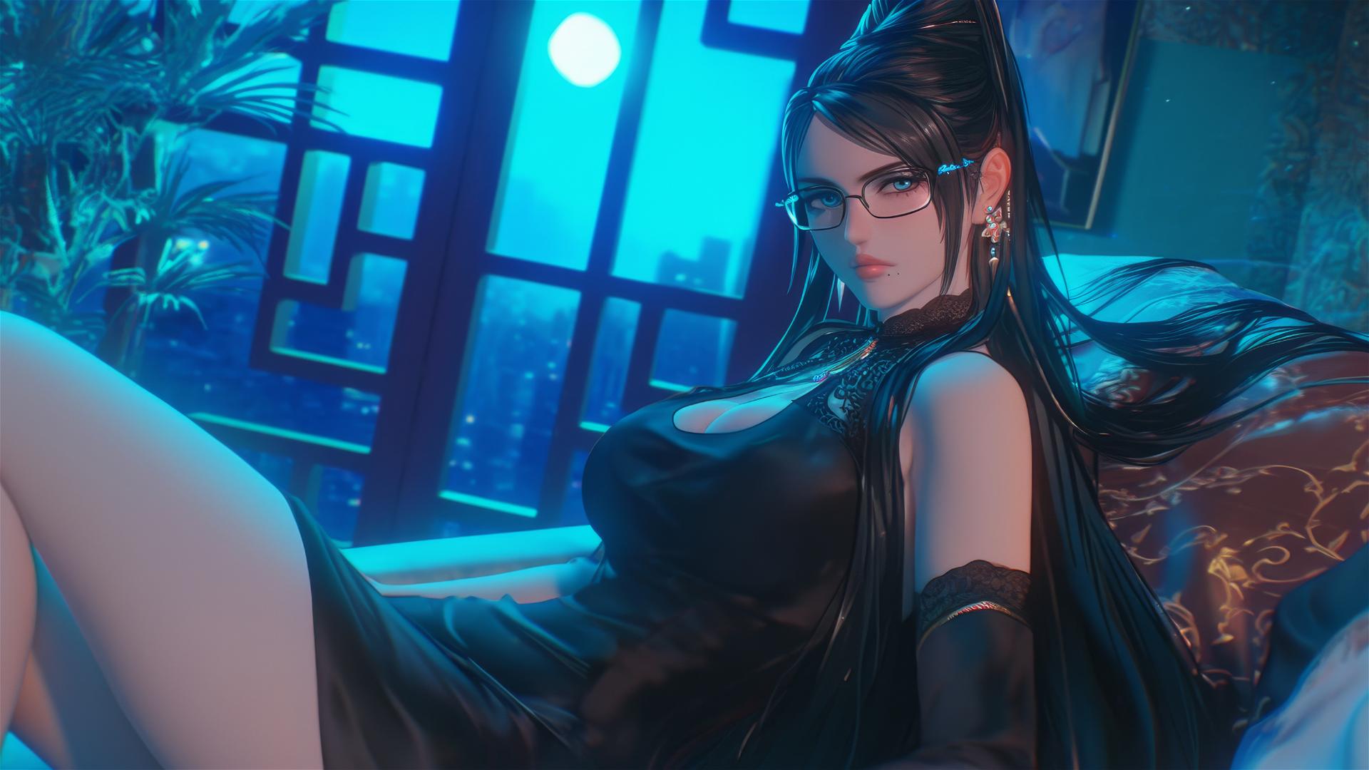 Bayonetta seated in a modern hotel room, illuminated by moonlight.