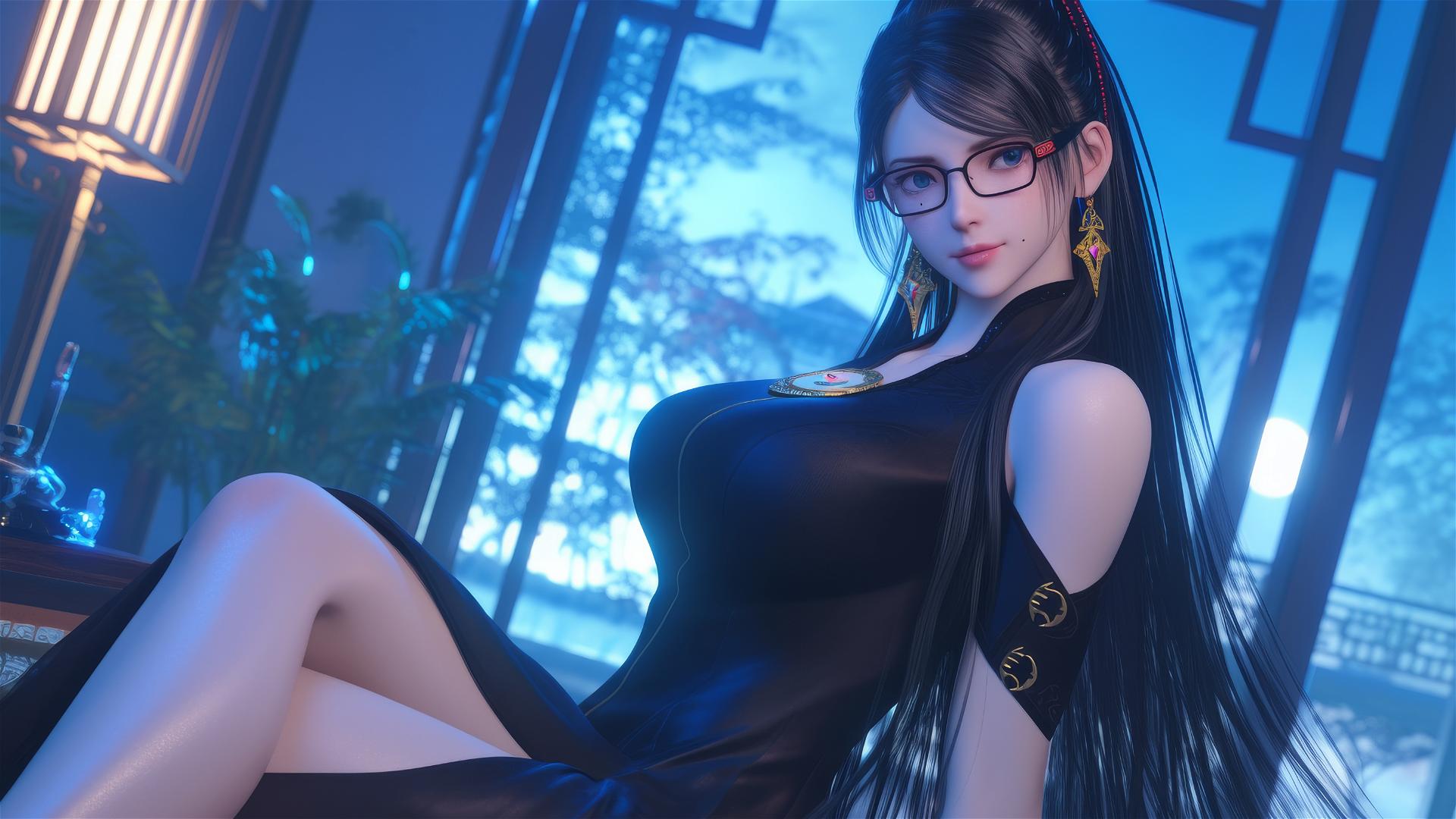 Bayonetta sitting in a modern hotel room with moonlight glow
