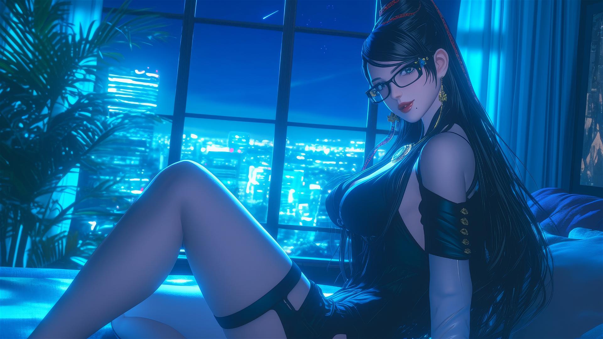 Bayonetta sitting in a modern hotel room with moonlight glow