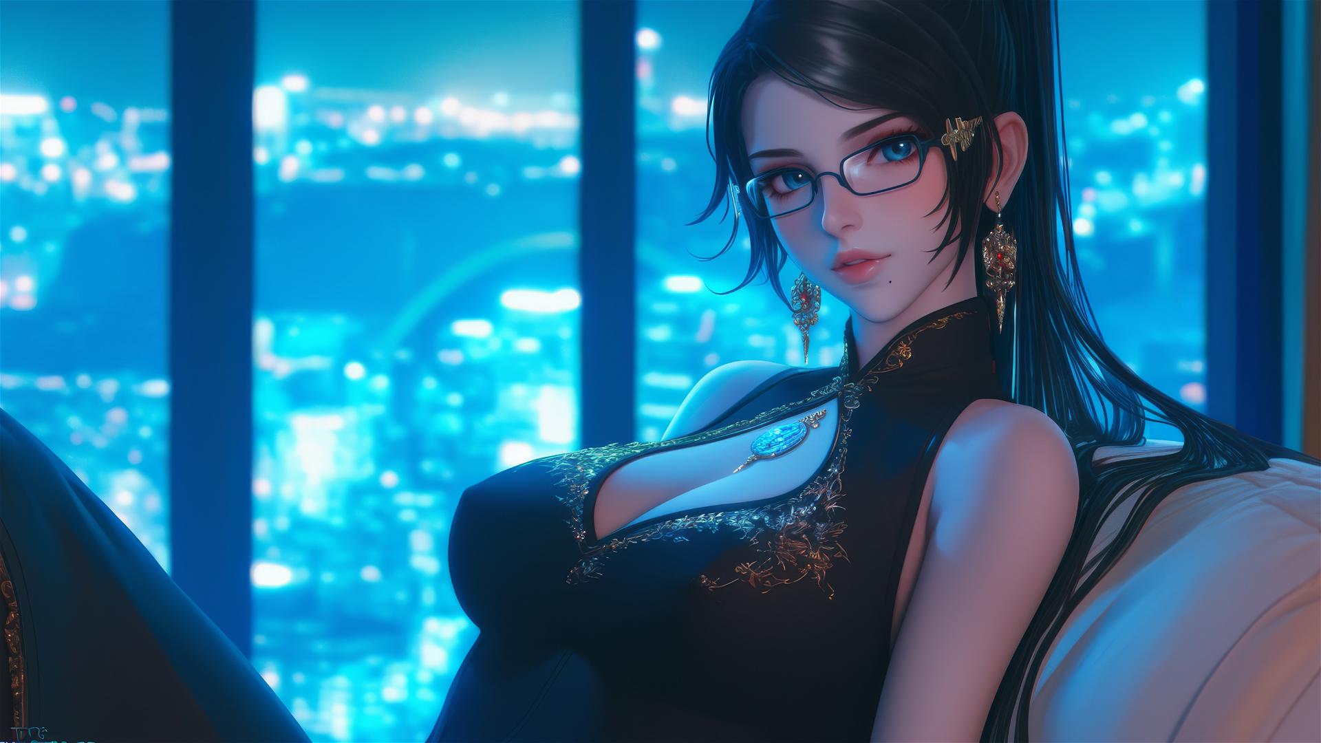 Bayonetta sitting in a modern hotel room, illuminated by moonlight