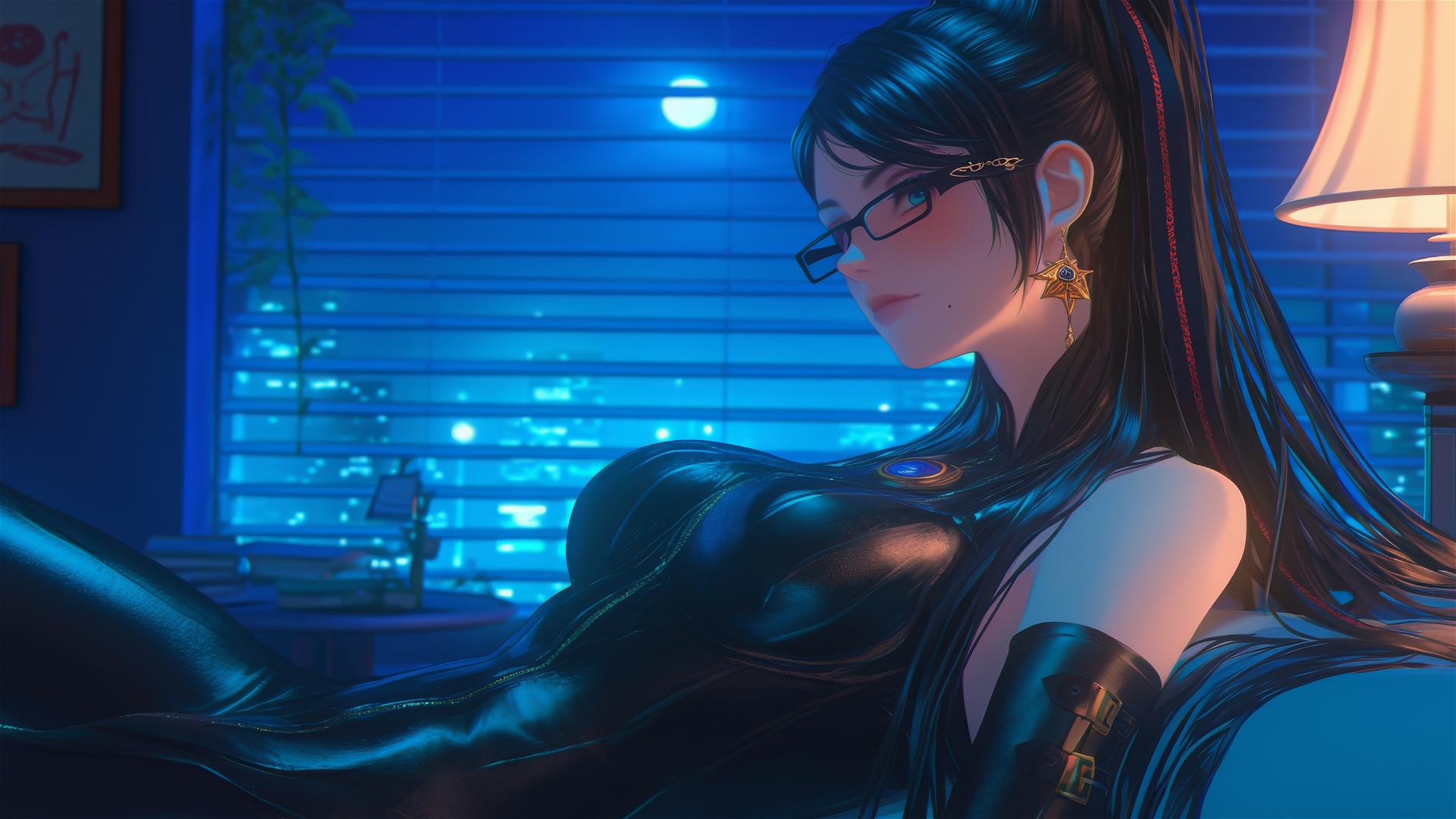 Bayonetta sitting in a modern hotel room with moonlight glow