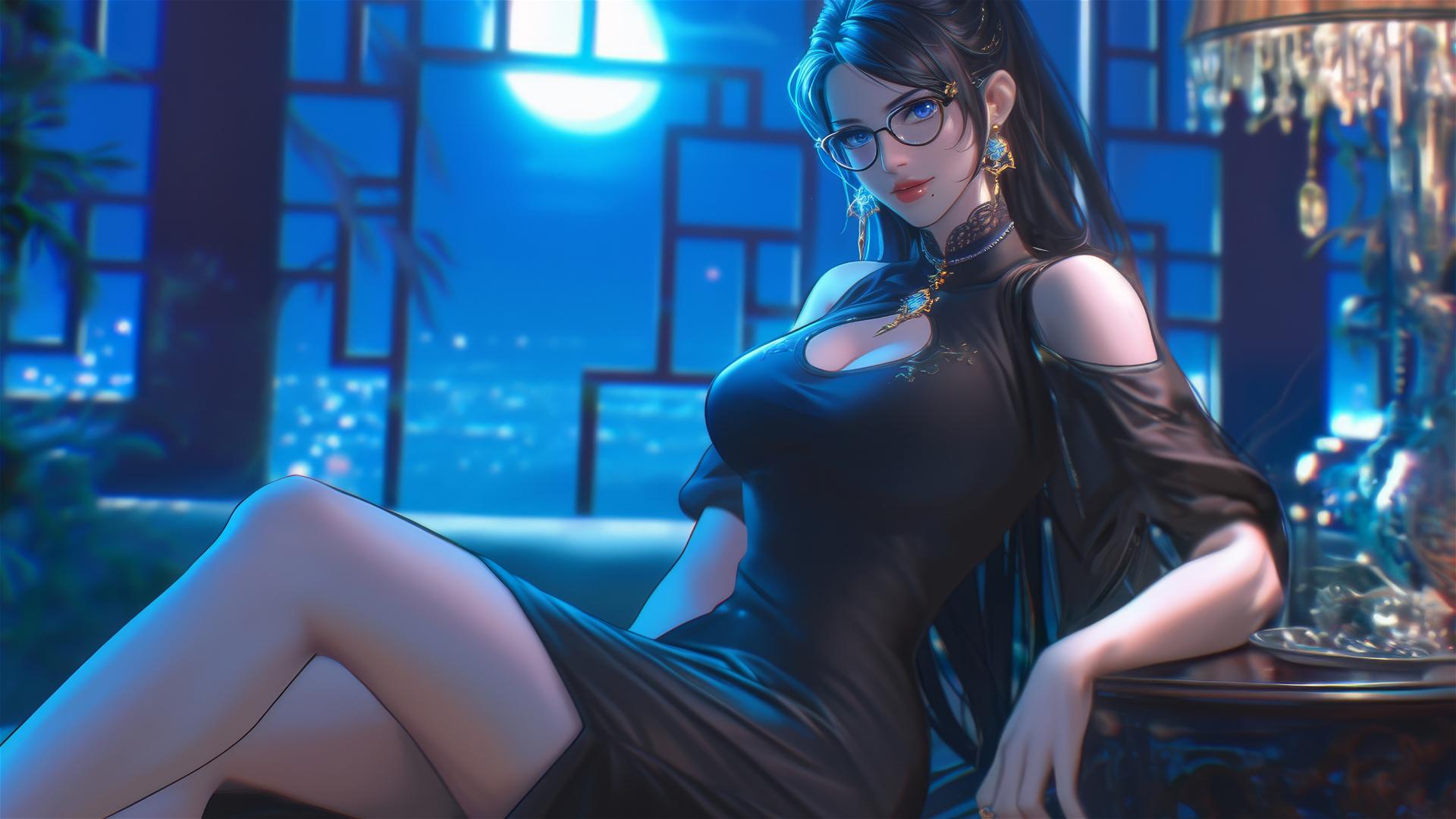 Bayonetta sitting in a modern hotel room with moonlight glow