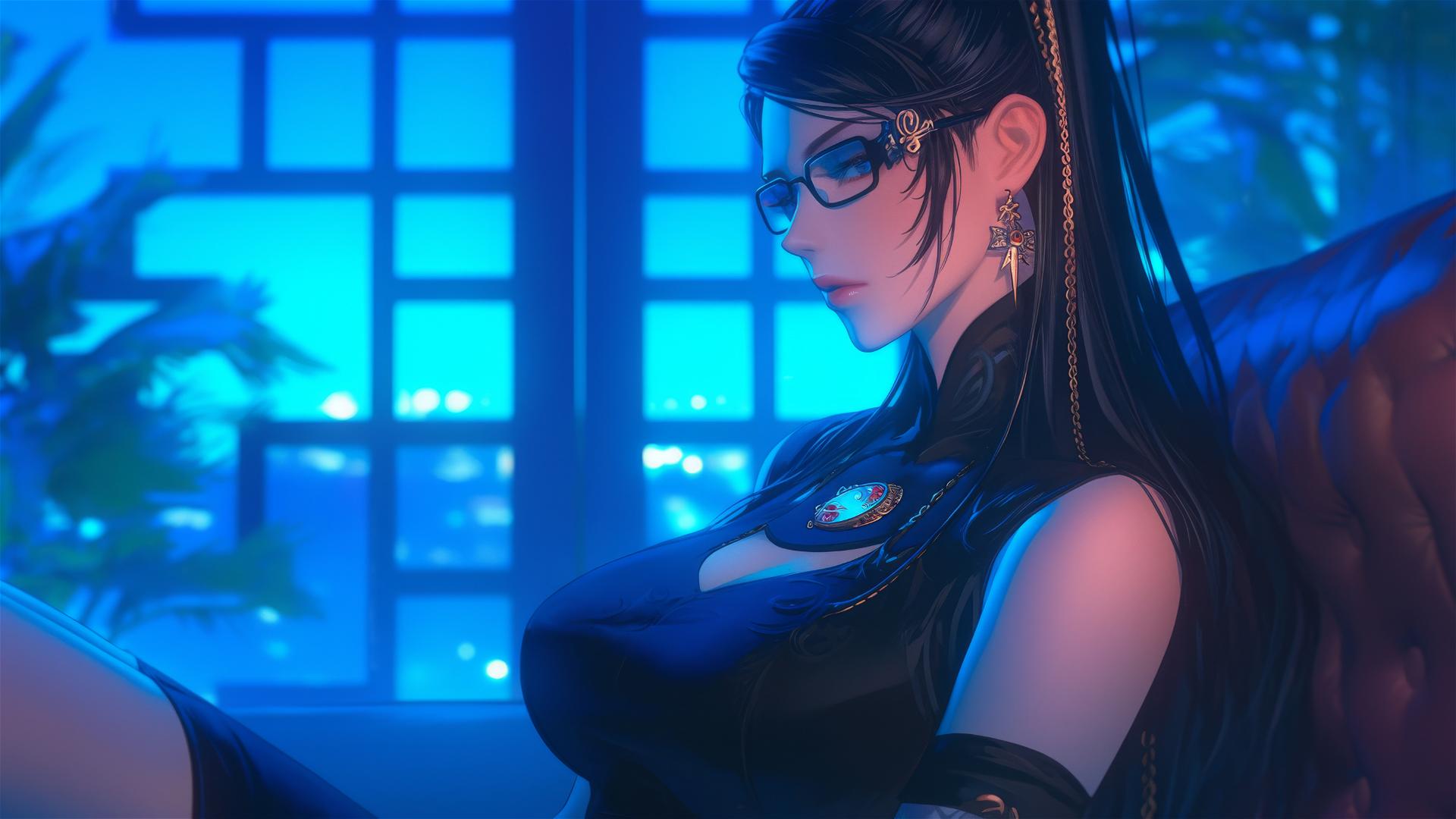 Bayonetta resting in modern hotel room with soft moonlight glow